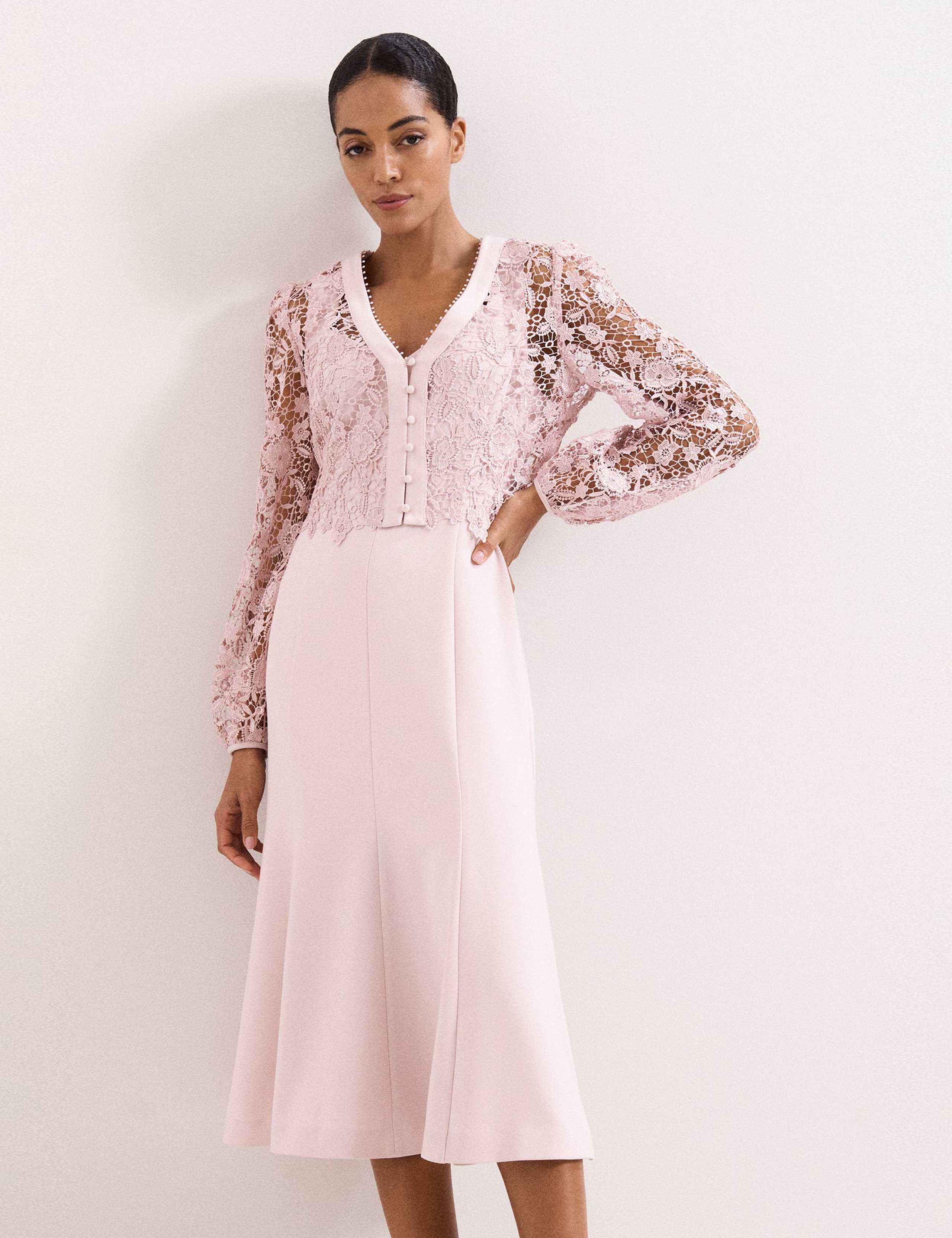 Lace V-Neck Button Detail Midi Tea Dress