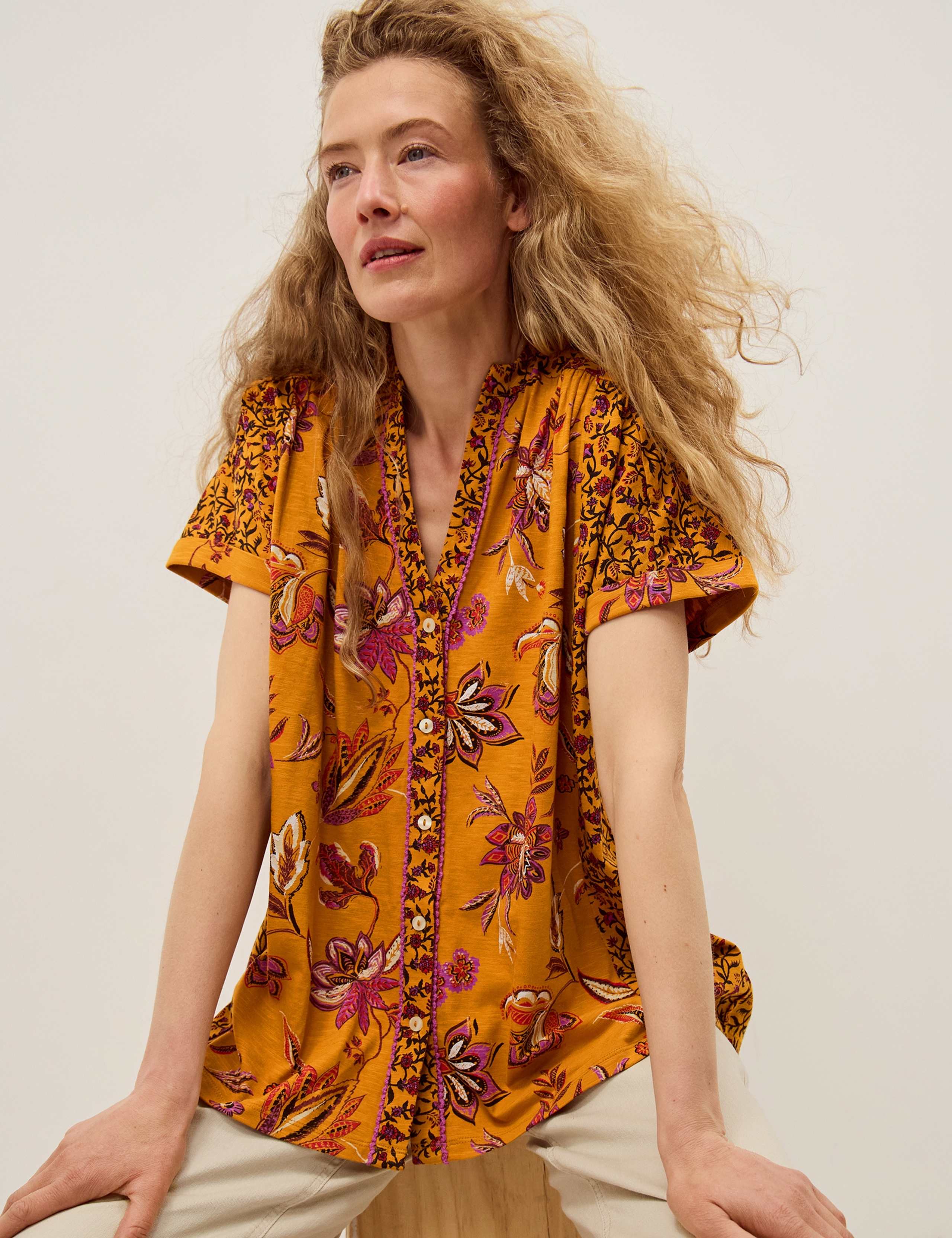 Pure Cotton Floral Collarless V-Neck Shirt