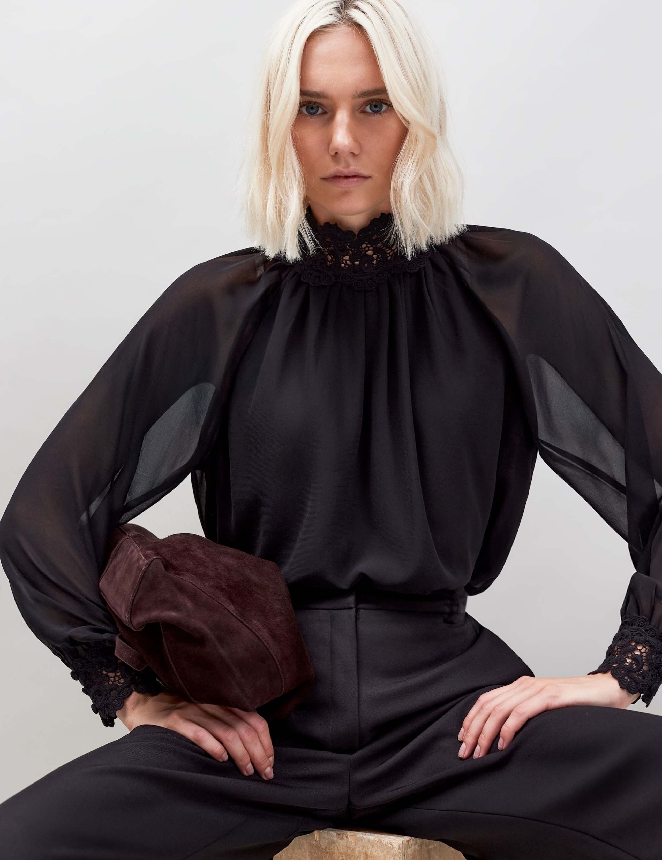 Lace Trim High Neck Blouson Sleeve Blouse