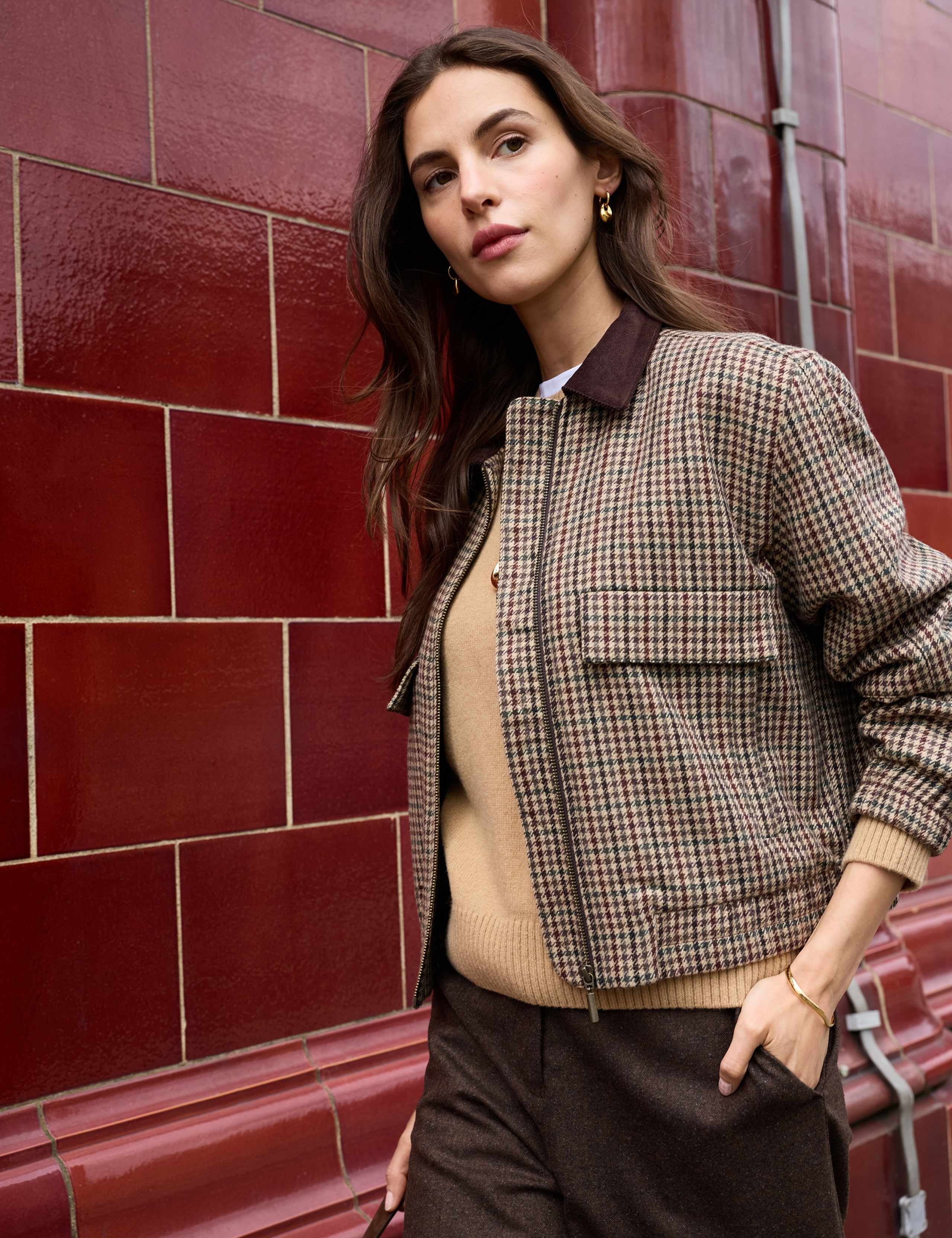 Wool Rich Puppytooth Relaxed Bomber Jacket