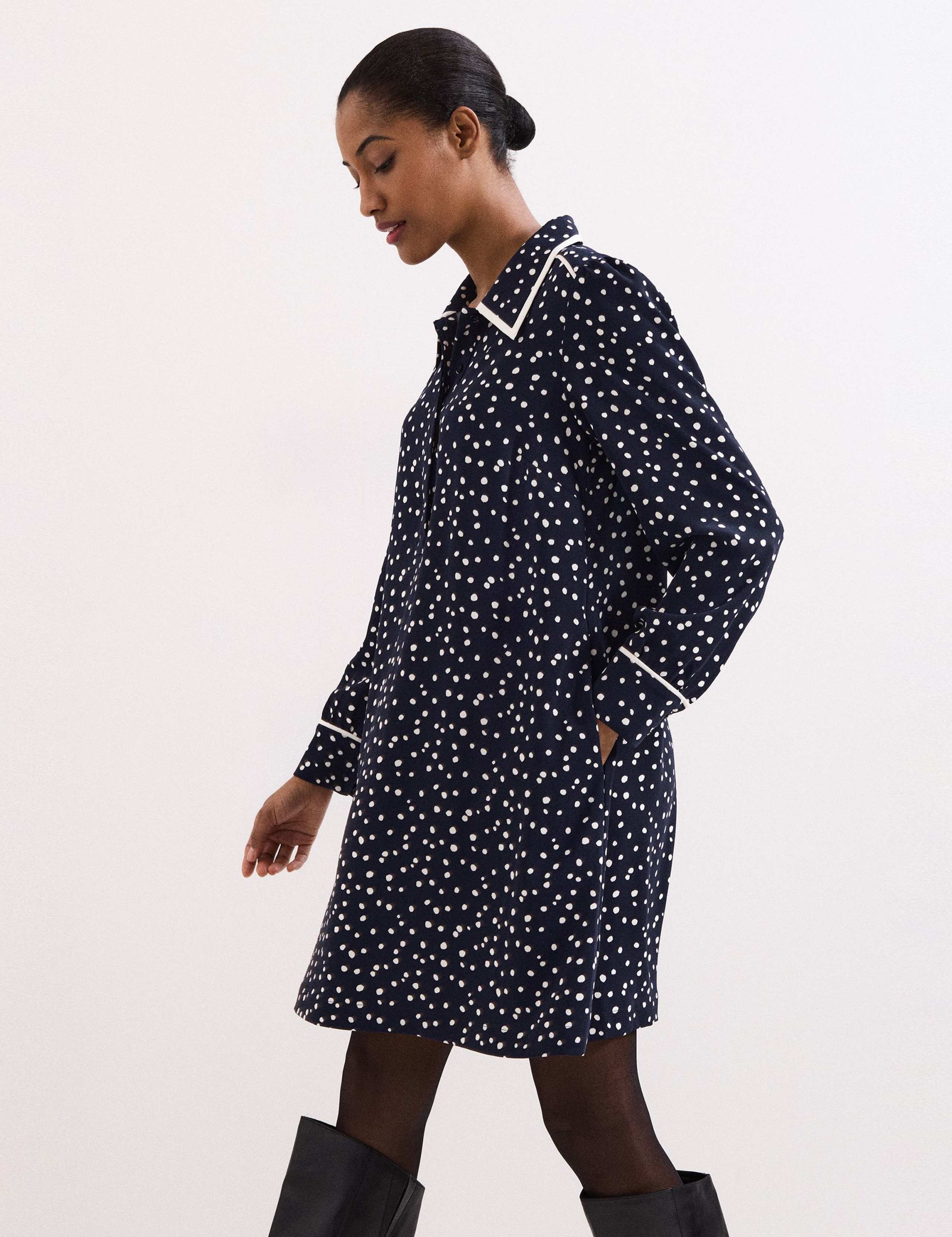 Spot Print Collared Mini Shirt Dress