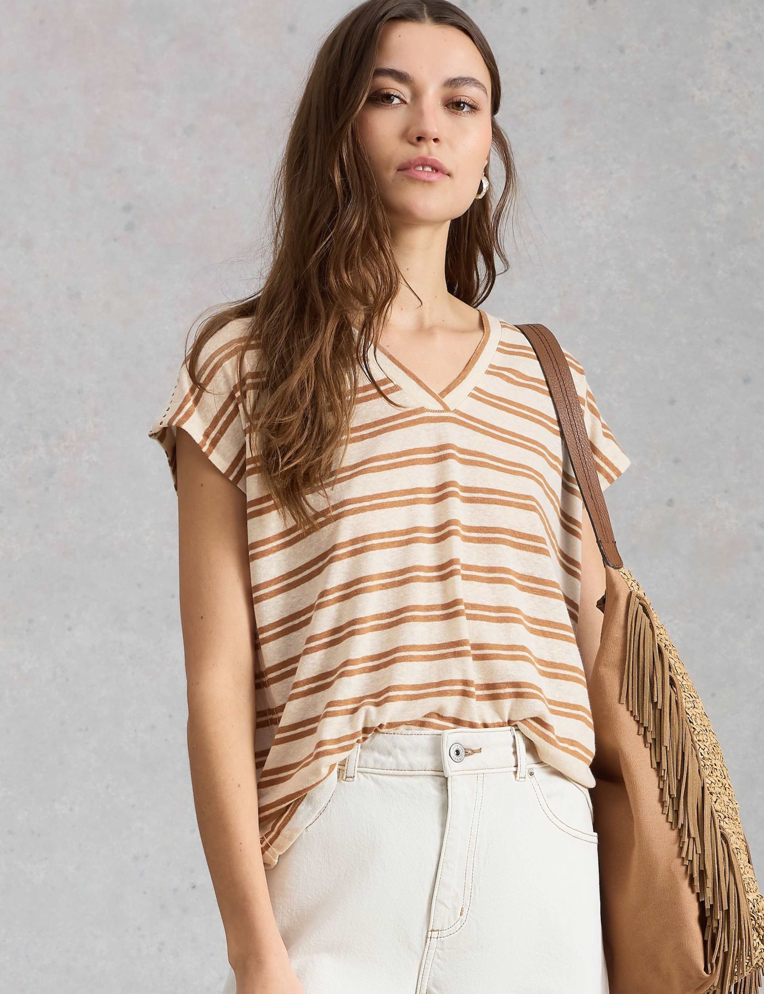 Linen Blend Striped Lace Insert T-Shirt