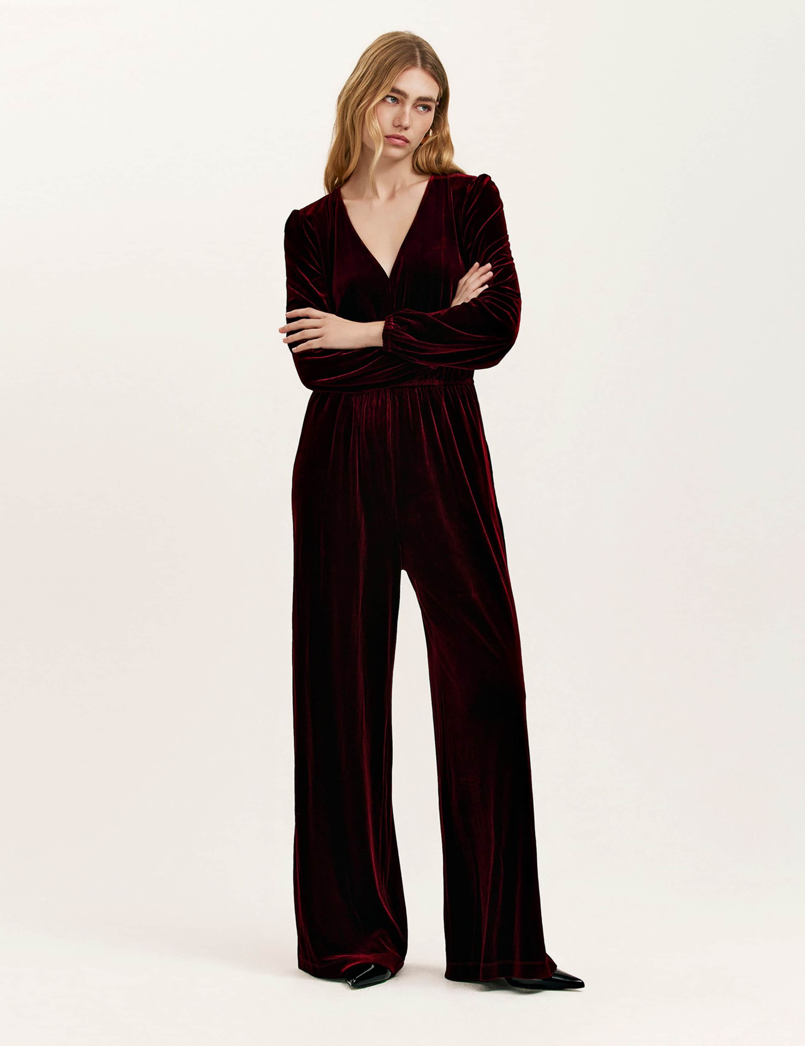 Velvet Jersey V-Neck Waisted Jumpsuit