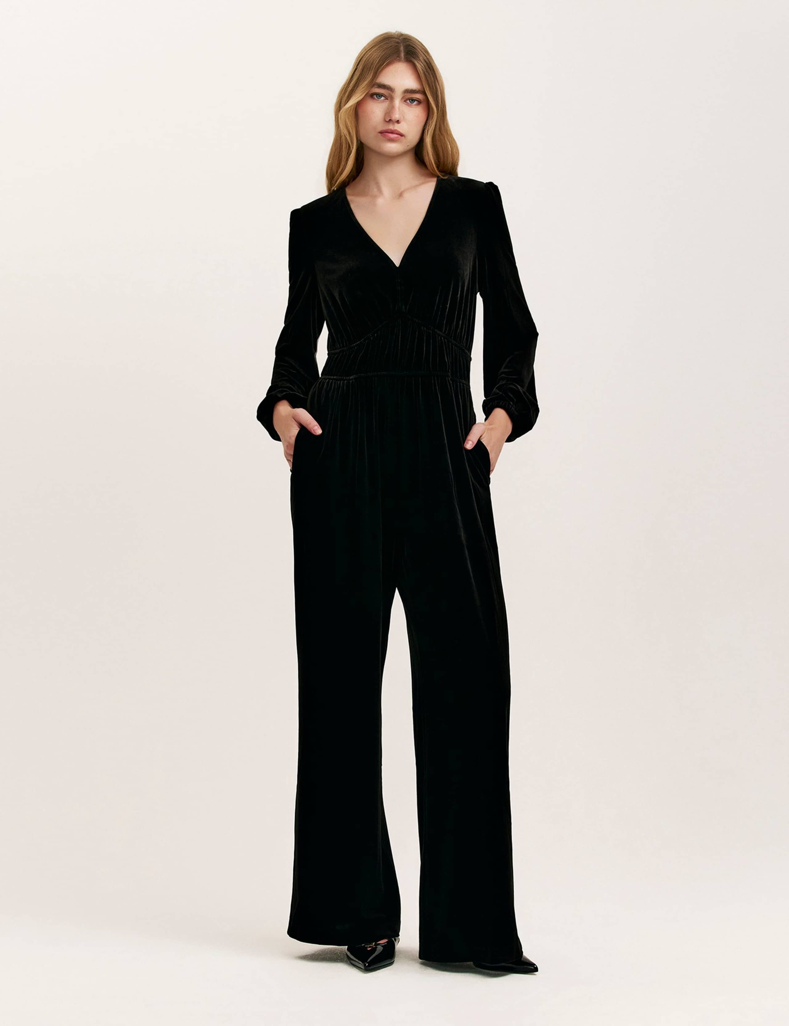 Velvet Jersey V-Neck Waisted Jumpsuit