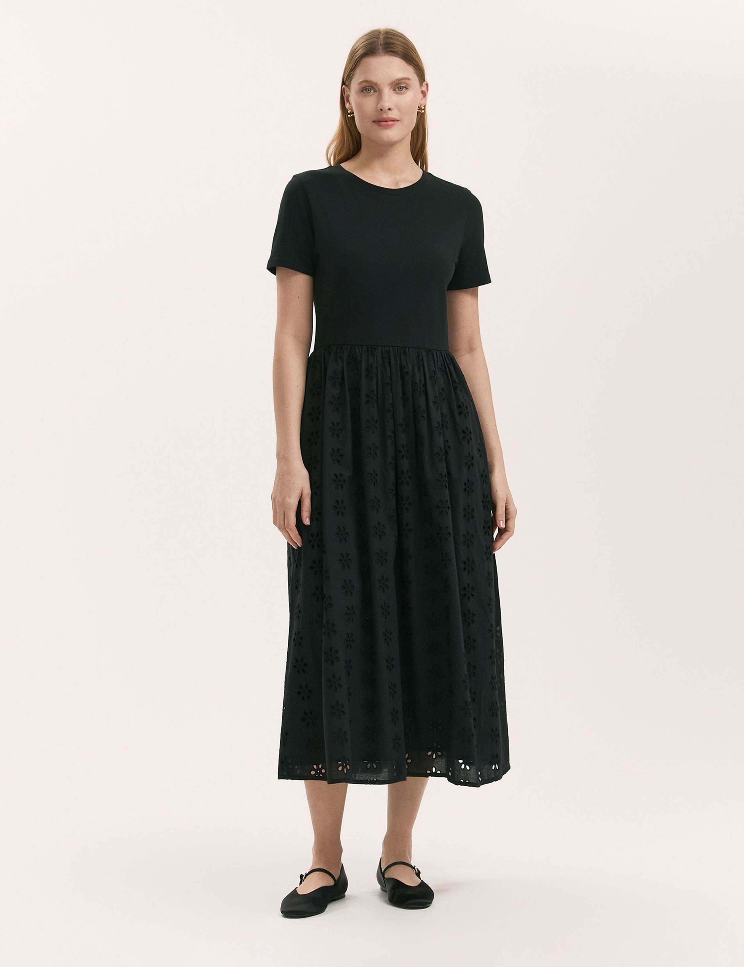 Cotton Rich Broderie Midi T-Shirt Dress