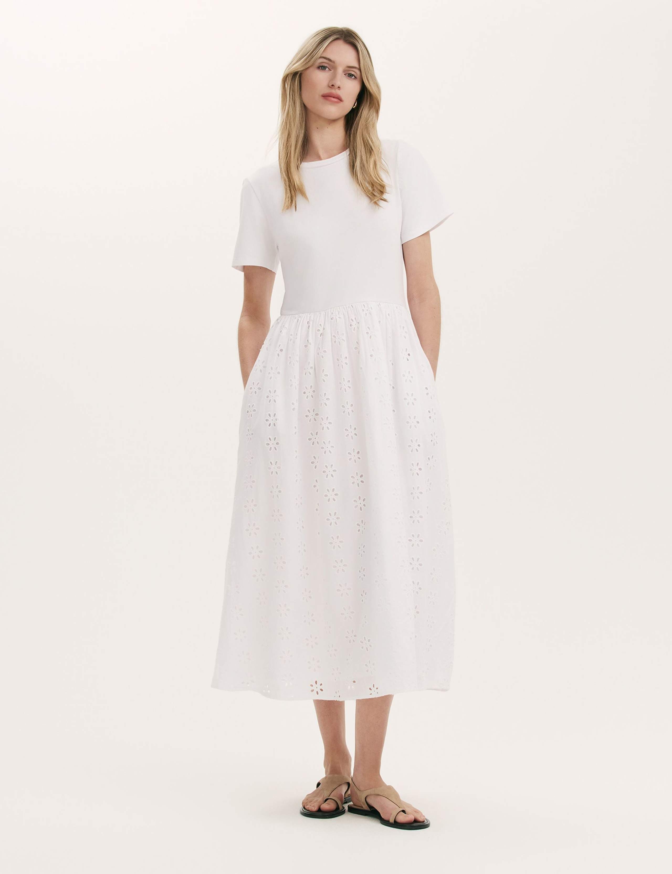 Cotton Rich Broderie Midi T-Shirt Dress