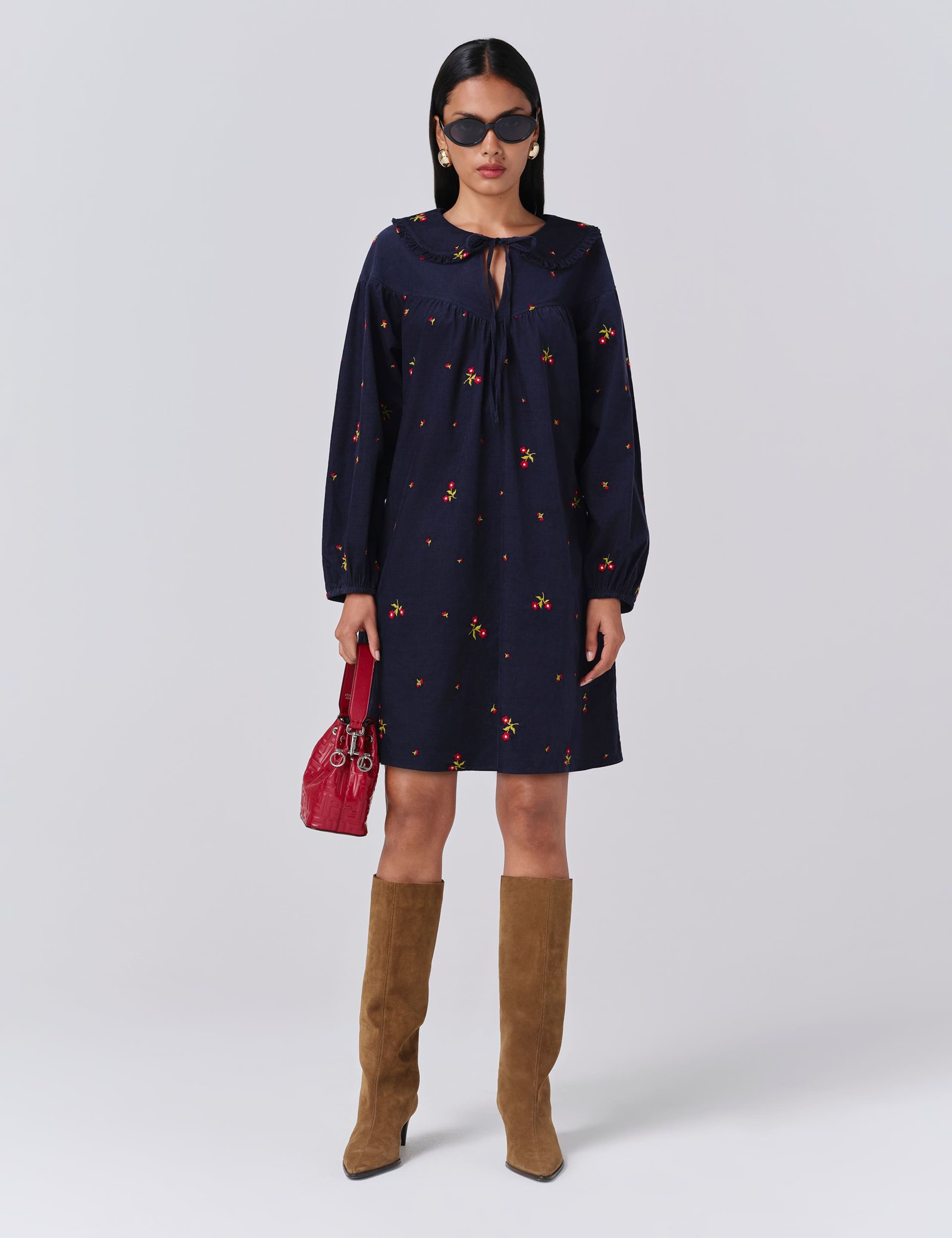 Cord Embroidered Collared Mini Smock Dress