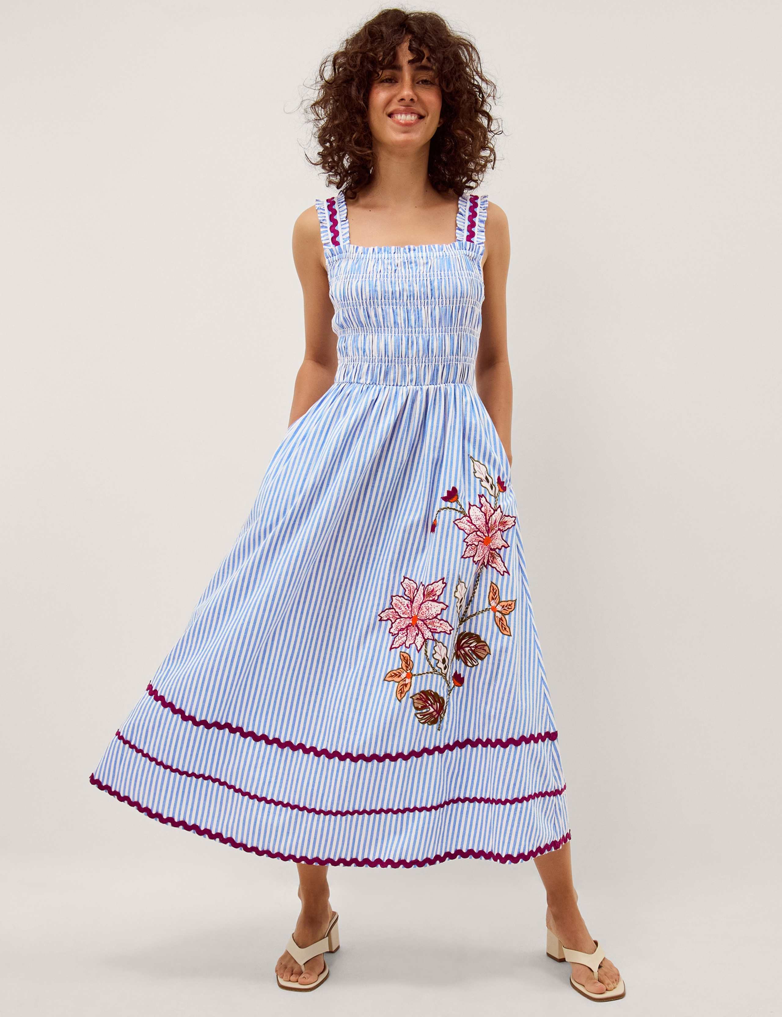 Pure Cotton Floral Striped Midi Dress