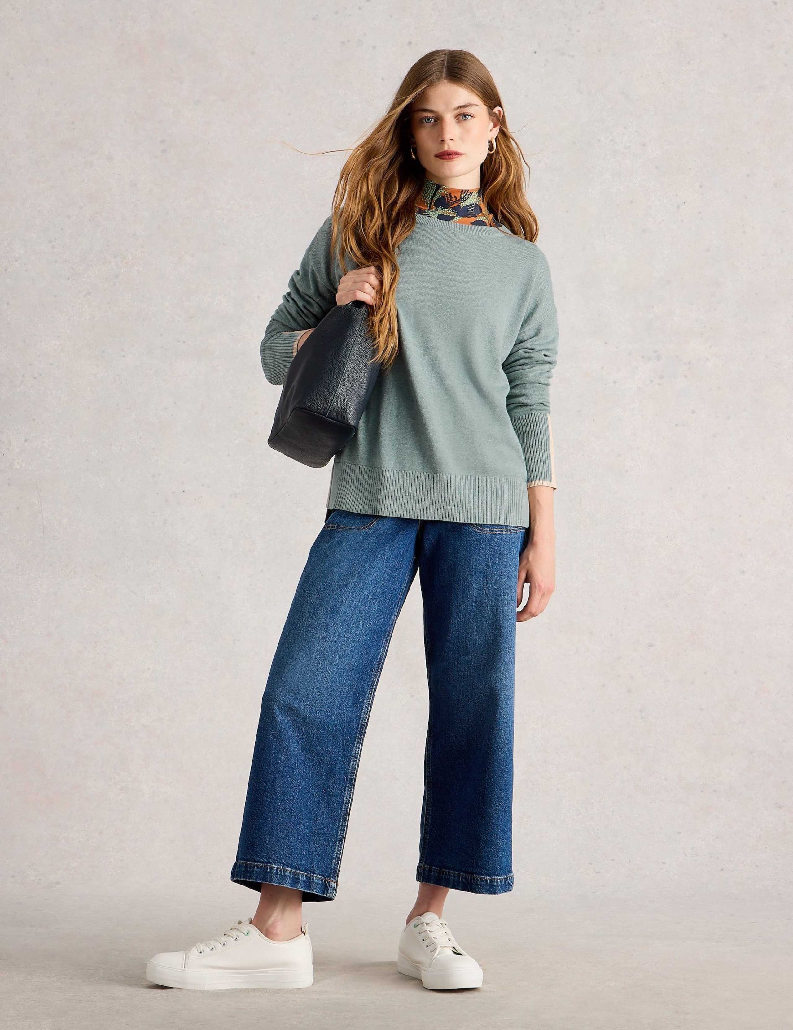 Cotton Blend Crew Neck Split Hem Jumper
