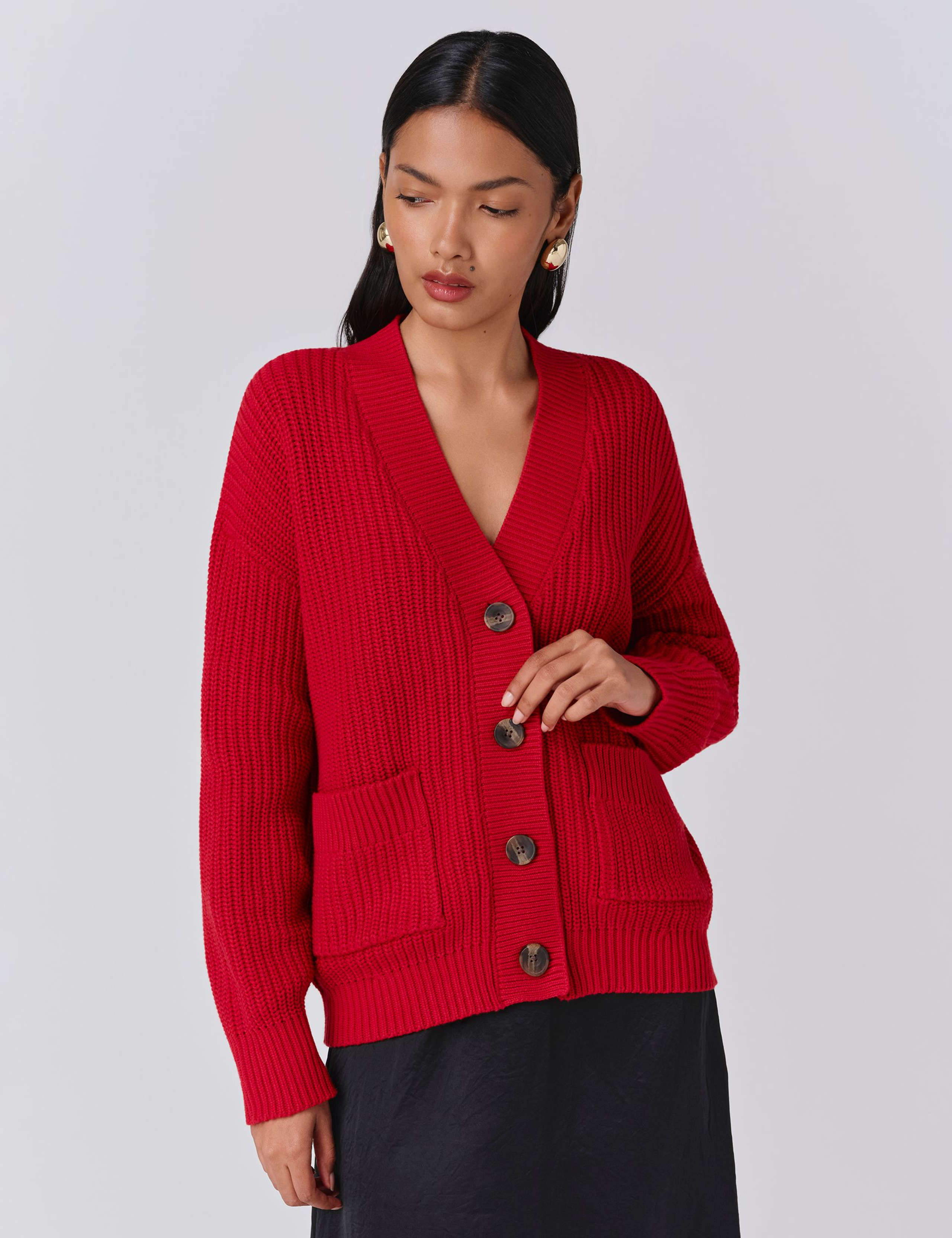 Pure Cotton Ribbed V-Neck Cardigan