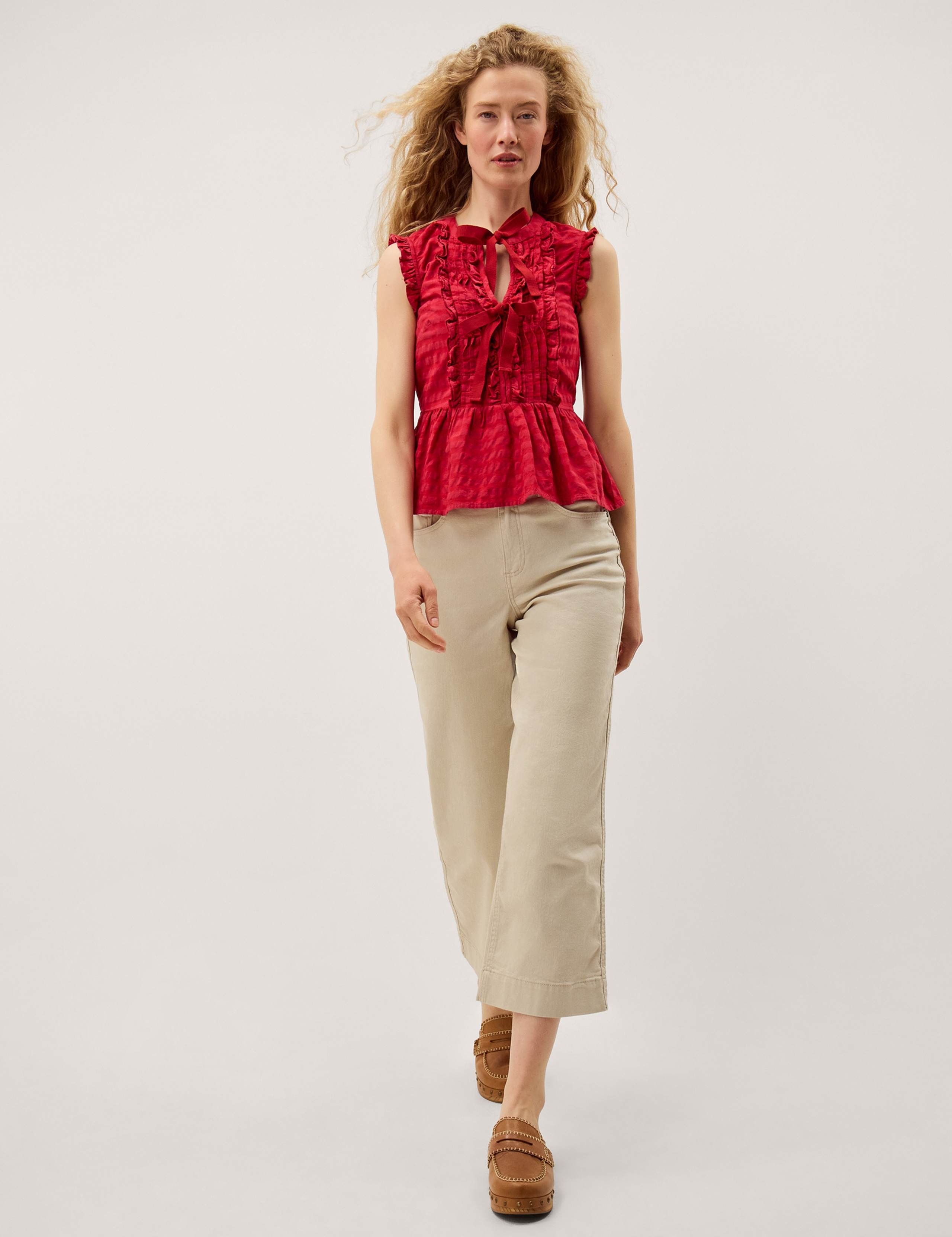 Pure Cotton Gingham Tie Neck Frill Detail Top