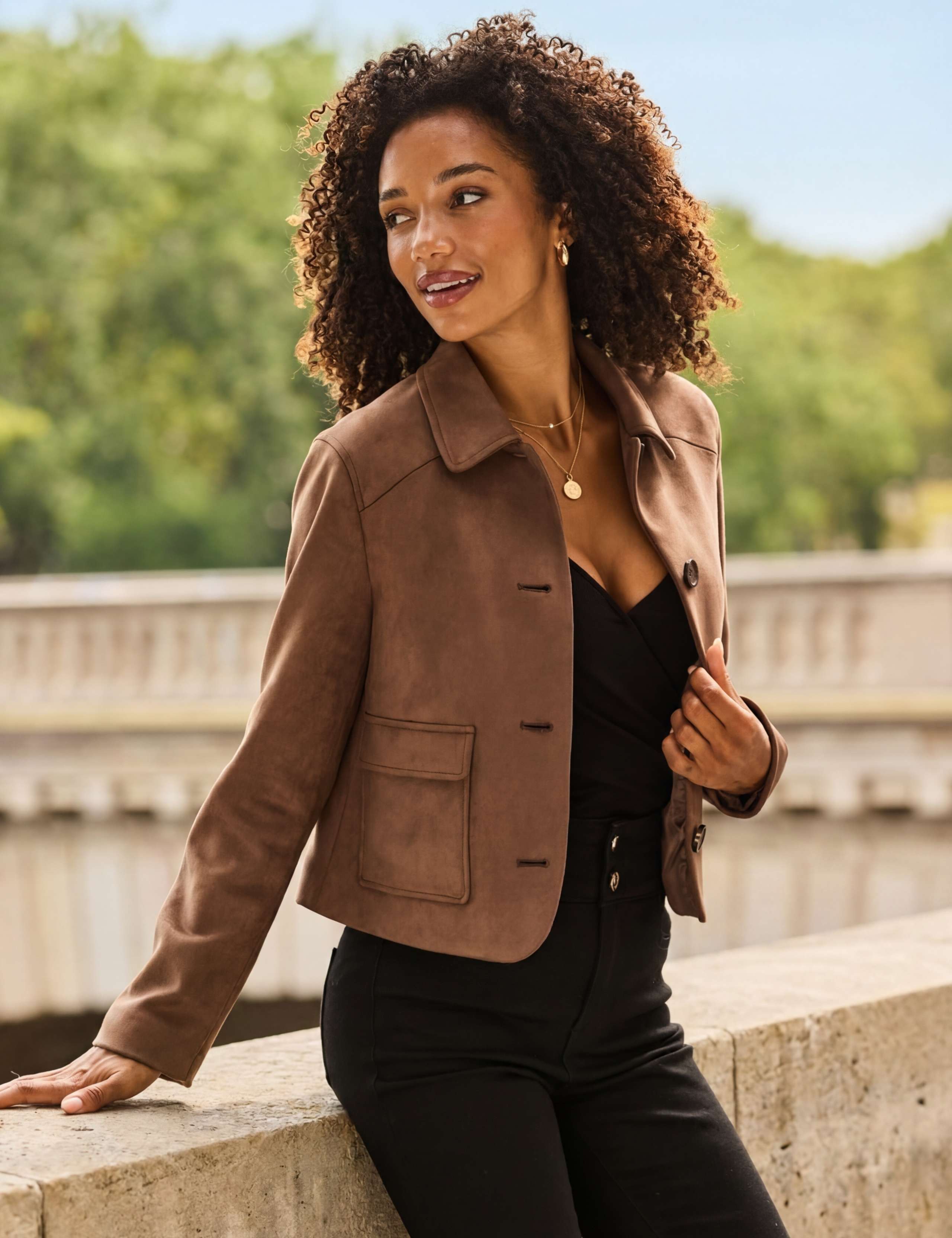 Faux Suede Collared Button Front Jacket