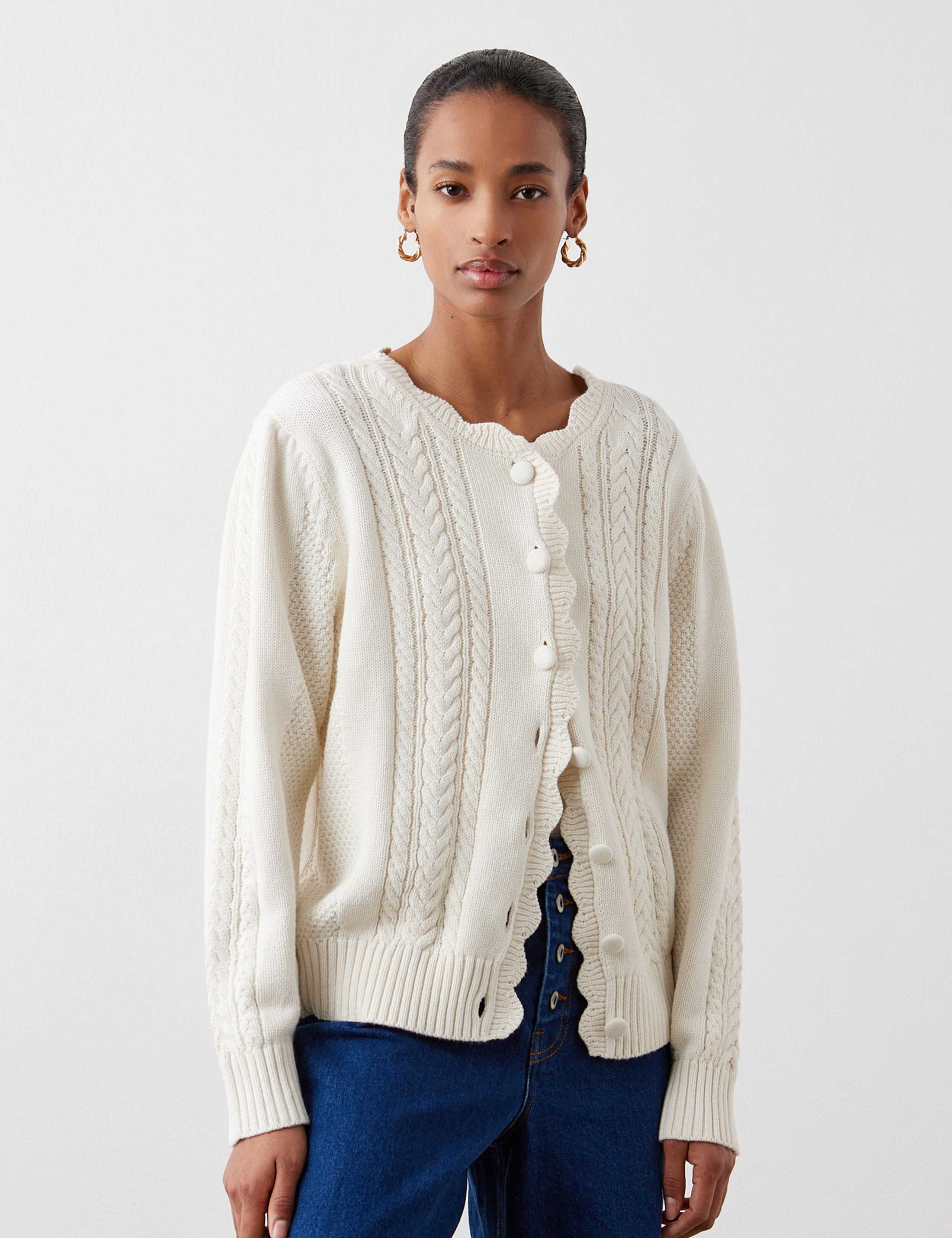 Textured Crew Neck Cardigan with Wool