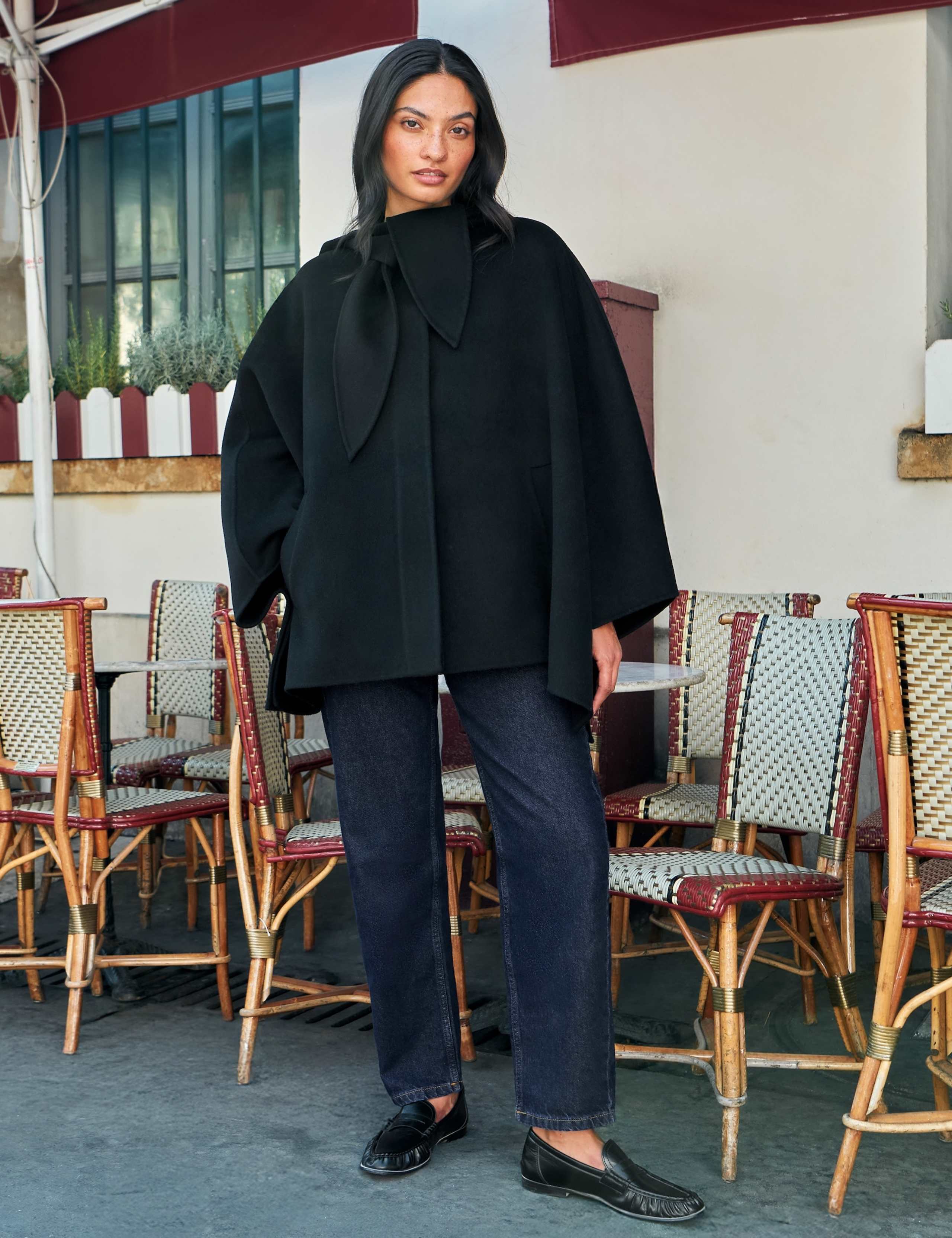 Wool Blend Tie Neck Button Front Cape