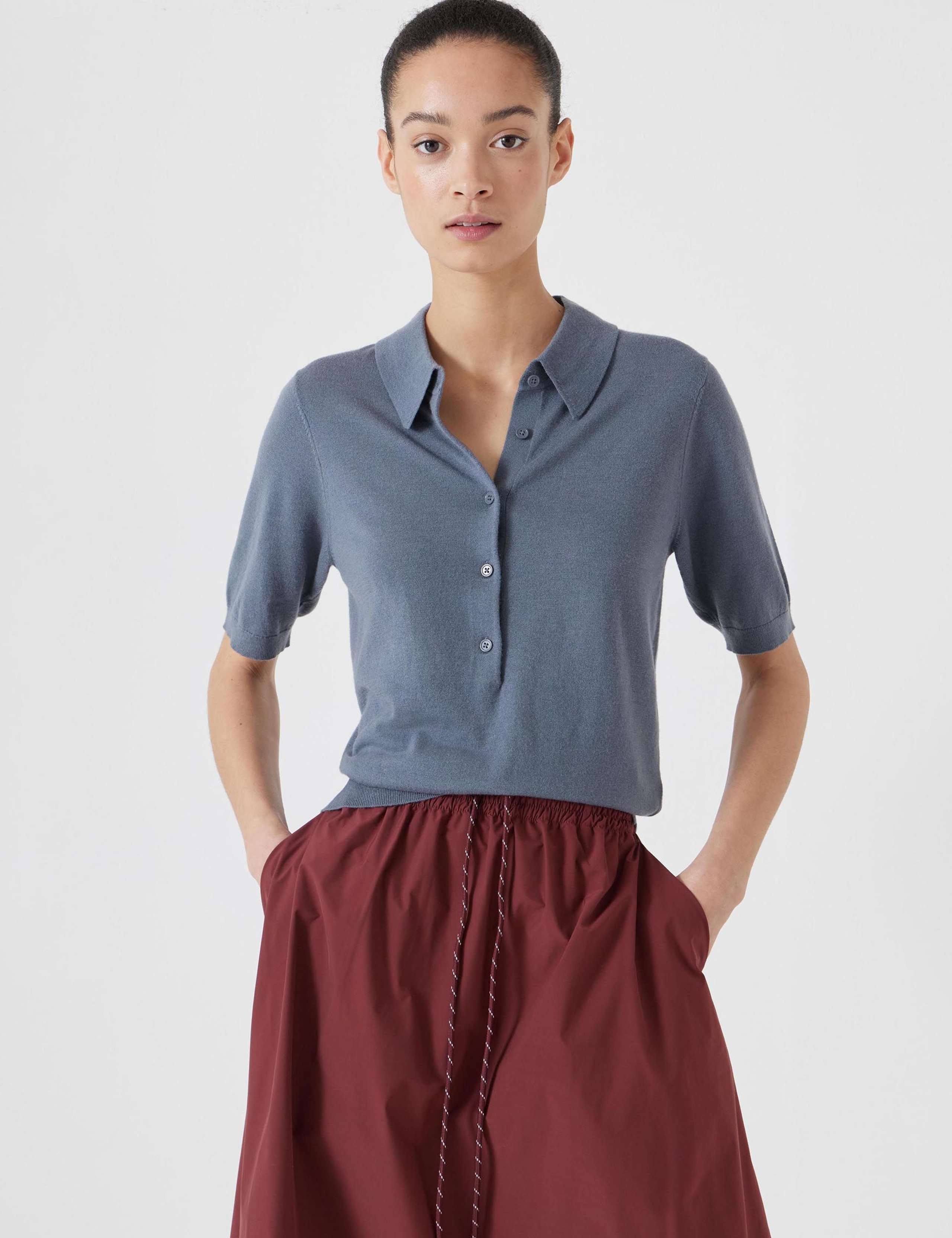 Wool Blend Collared Neck Knitted Top