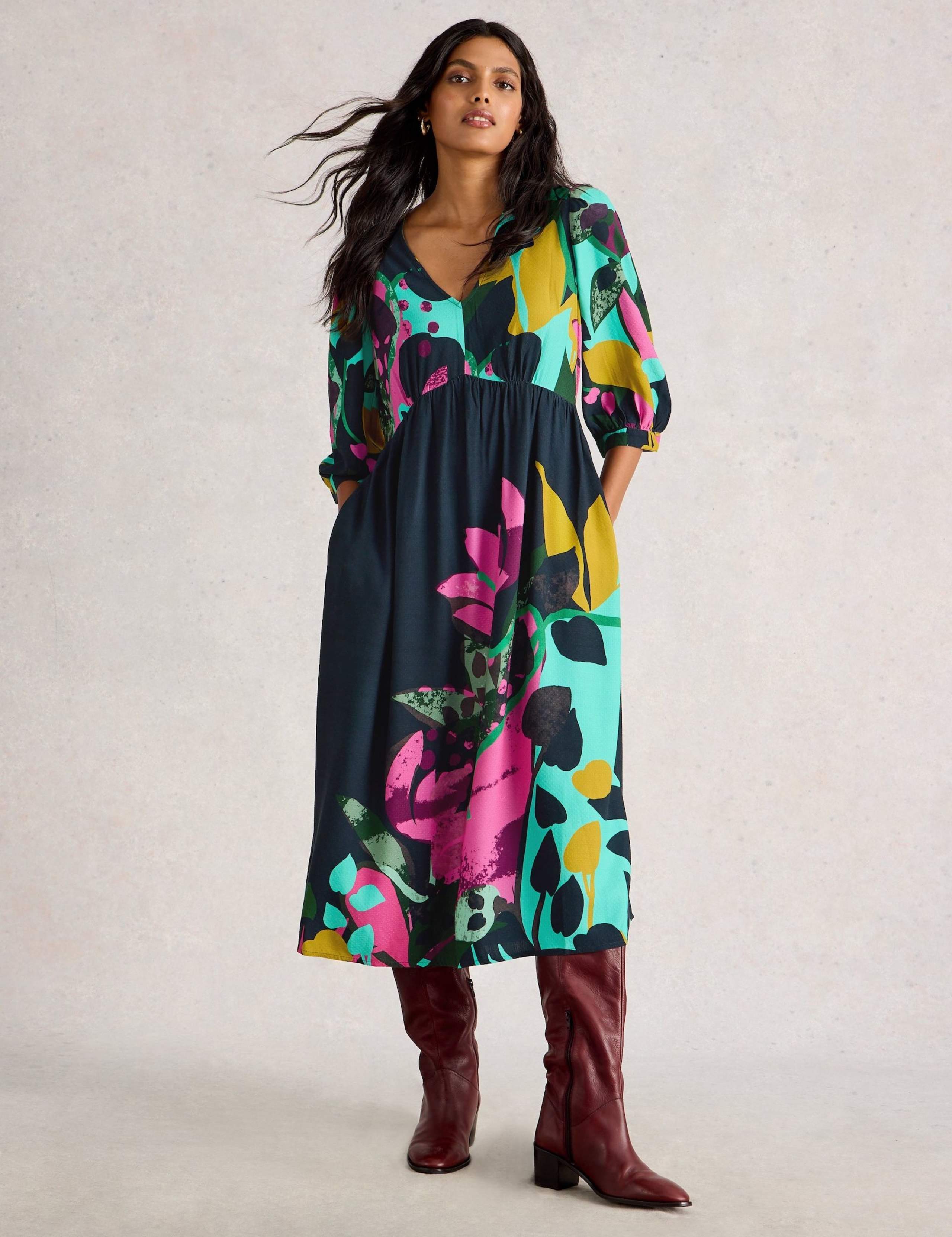 Printed V-Neck Midi Relaxed Waisted Dress