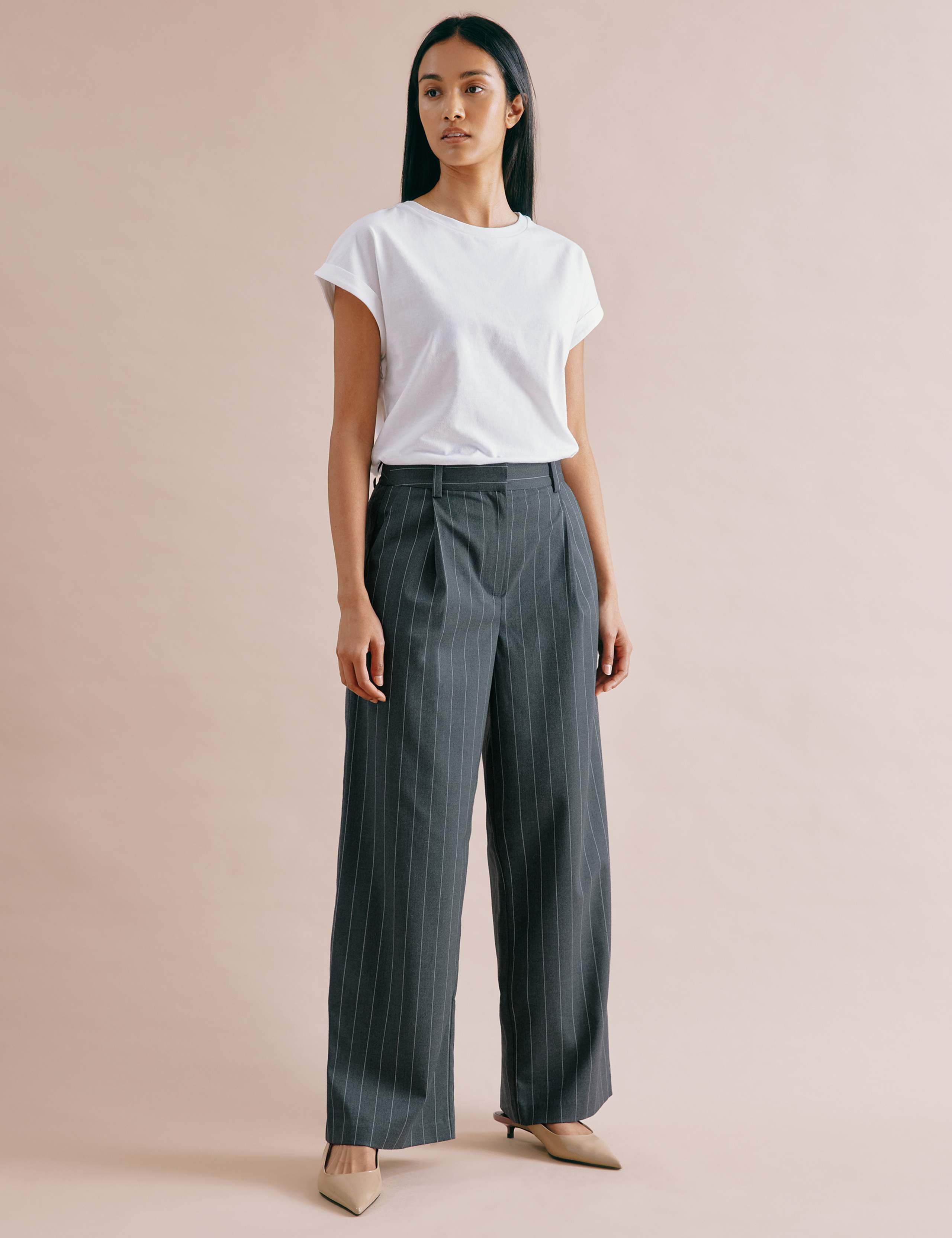 Pinstripe Pleat Front Wide Leg Trousers