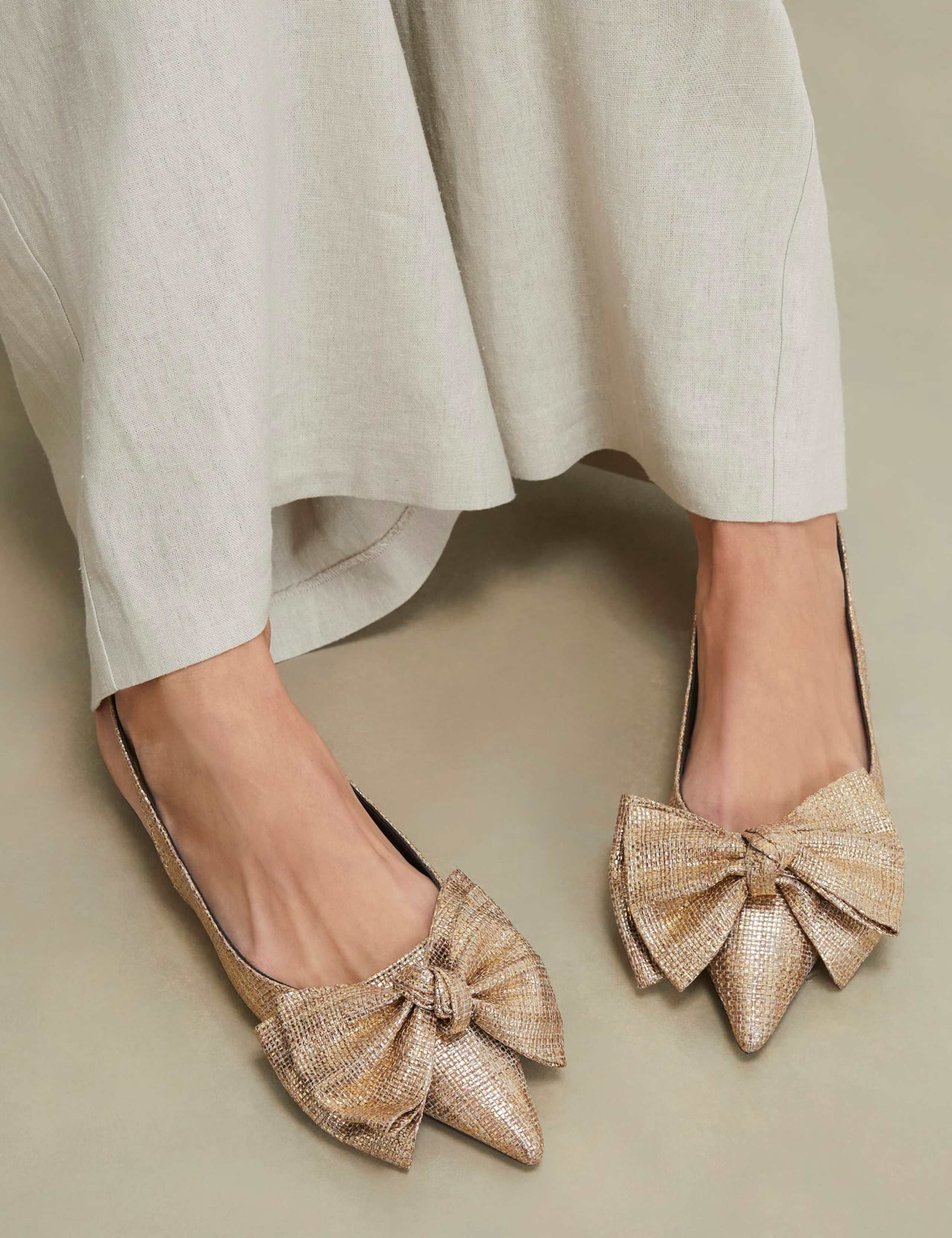 Metallic Bow Slingback Flat Pointed Pumps