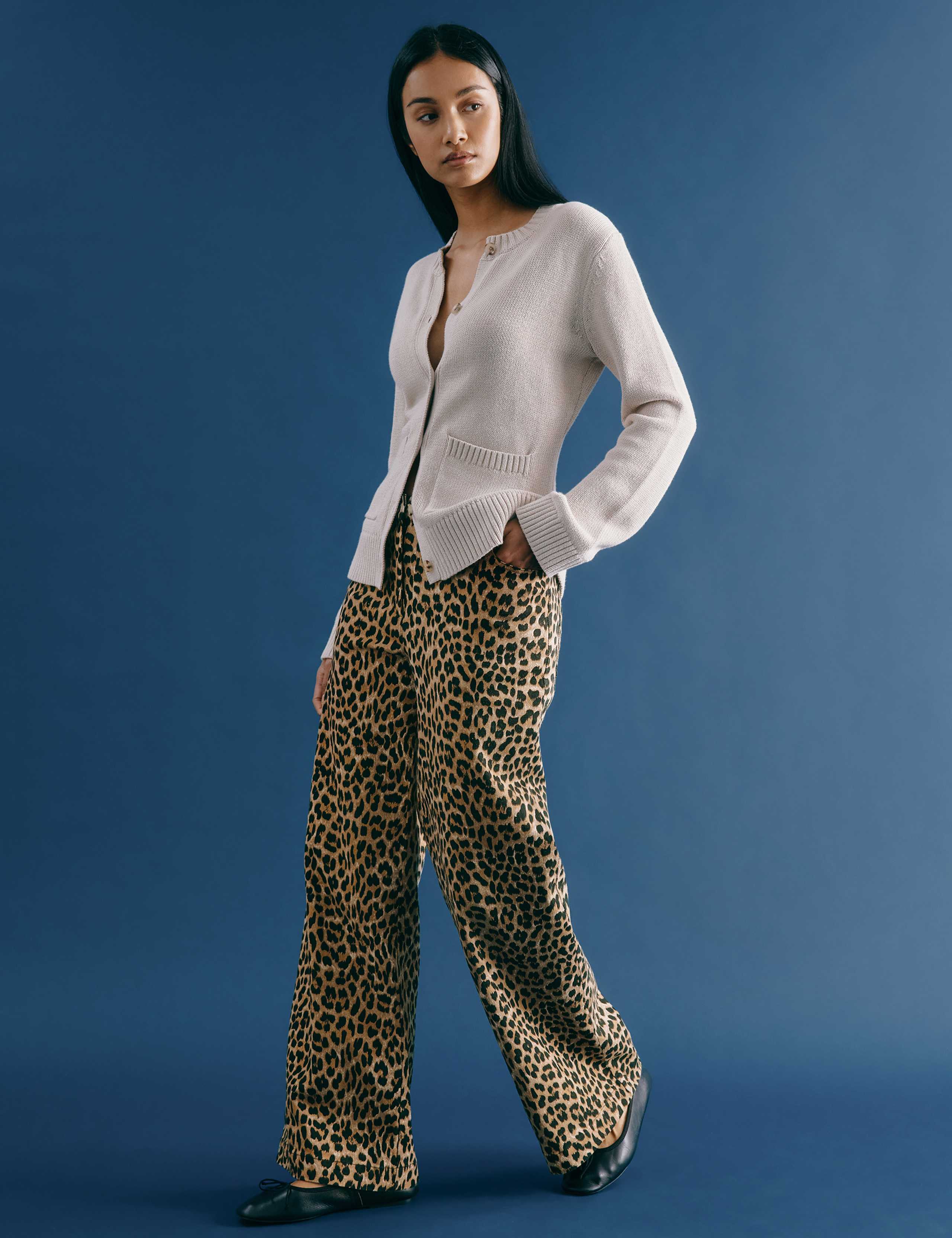 Twill Animal Print Wide Leg Trousers