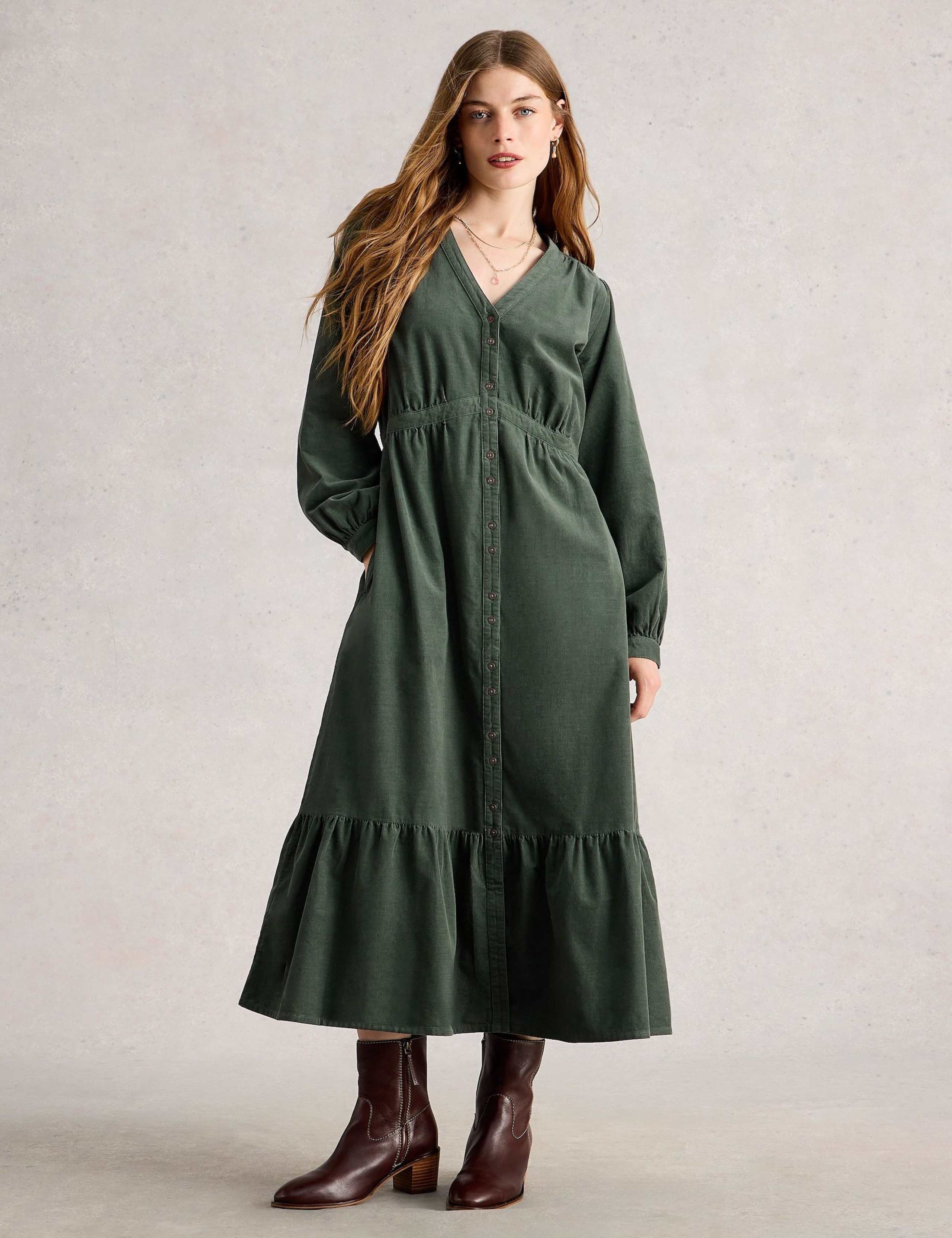 Cord Button Front Midaxi Tiered Dress