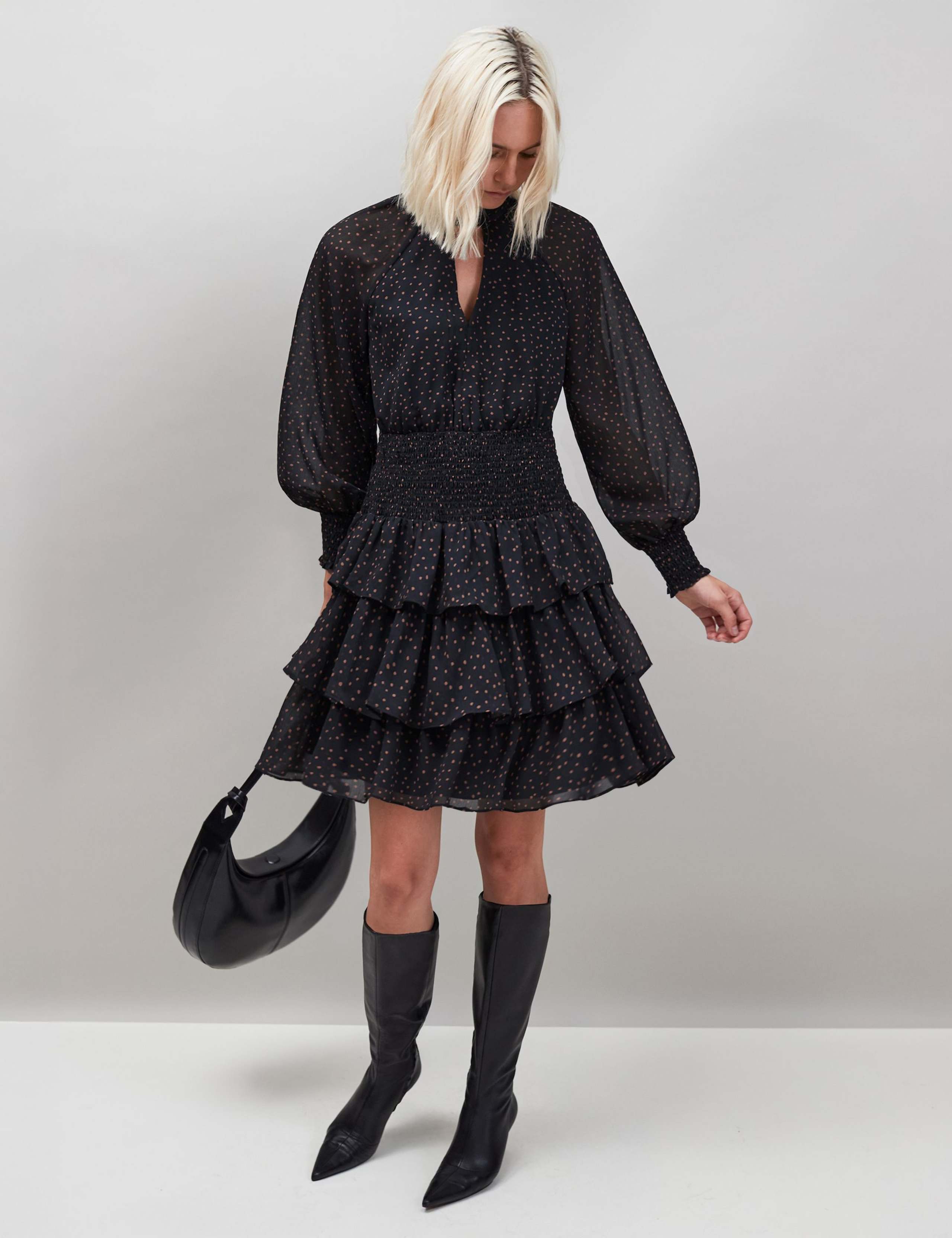 Polka Dot Blouson Sleeve Mini Tiered Dress