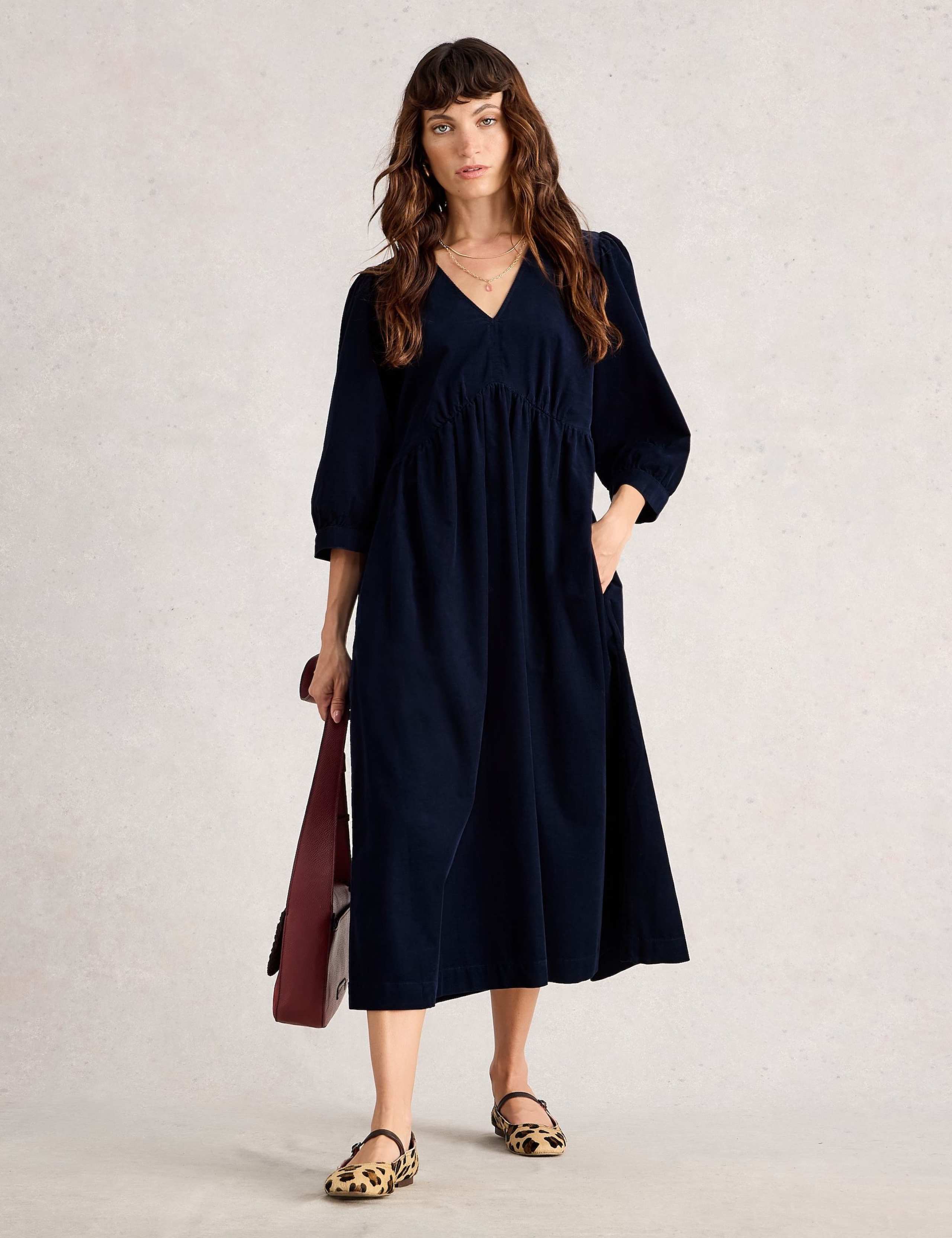 Cord V-Neck Midi Waisted Dress