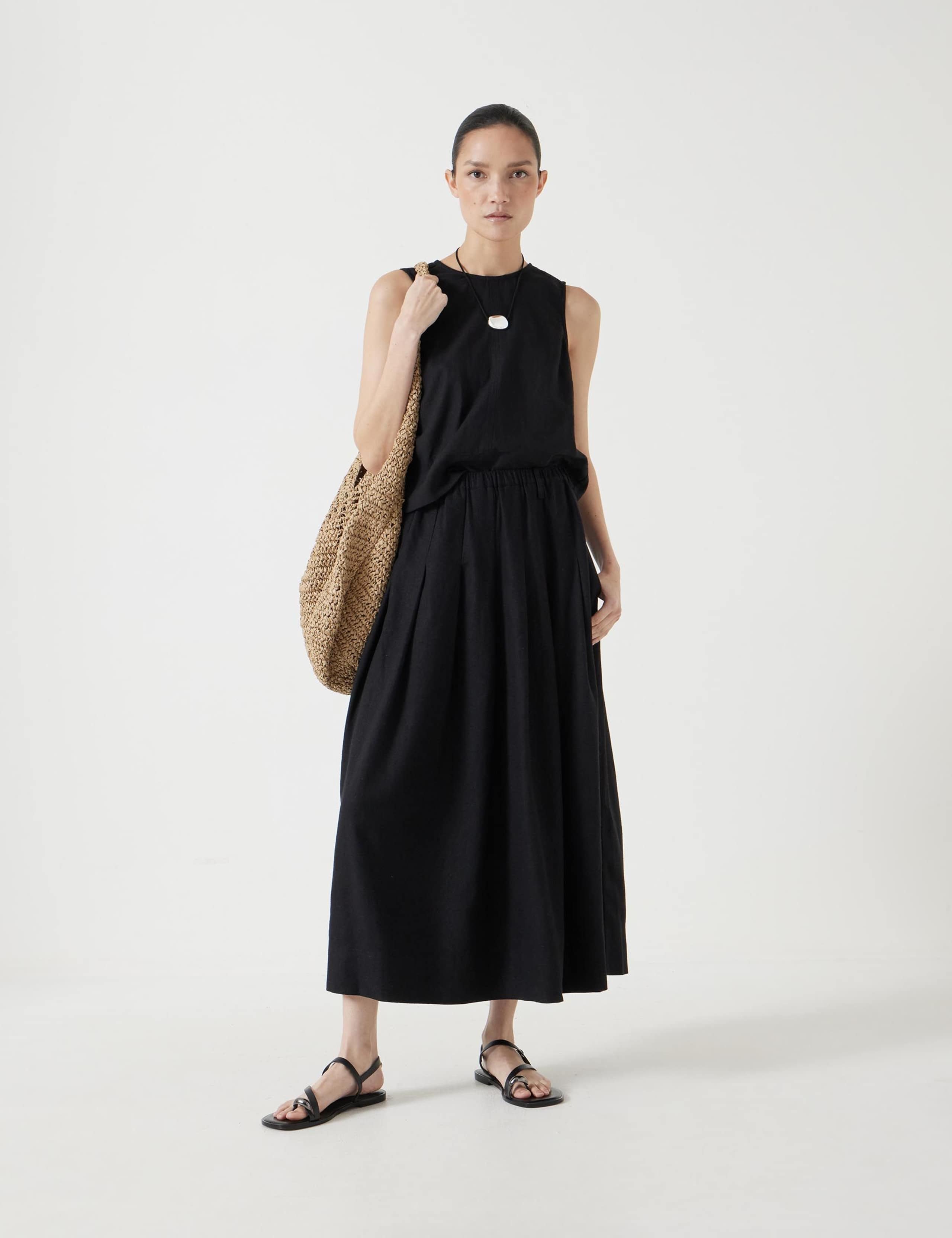 Linen Blend Pleated Midi A-Line Skirt