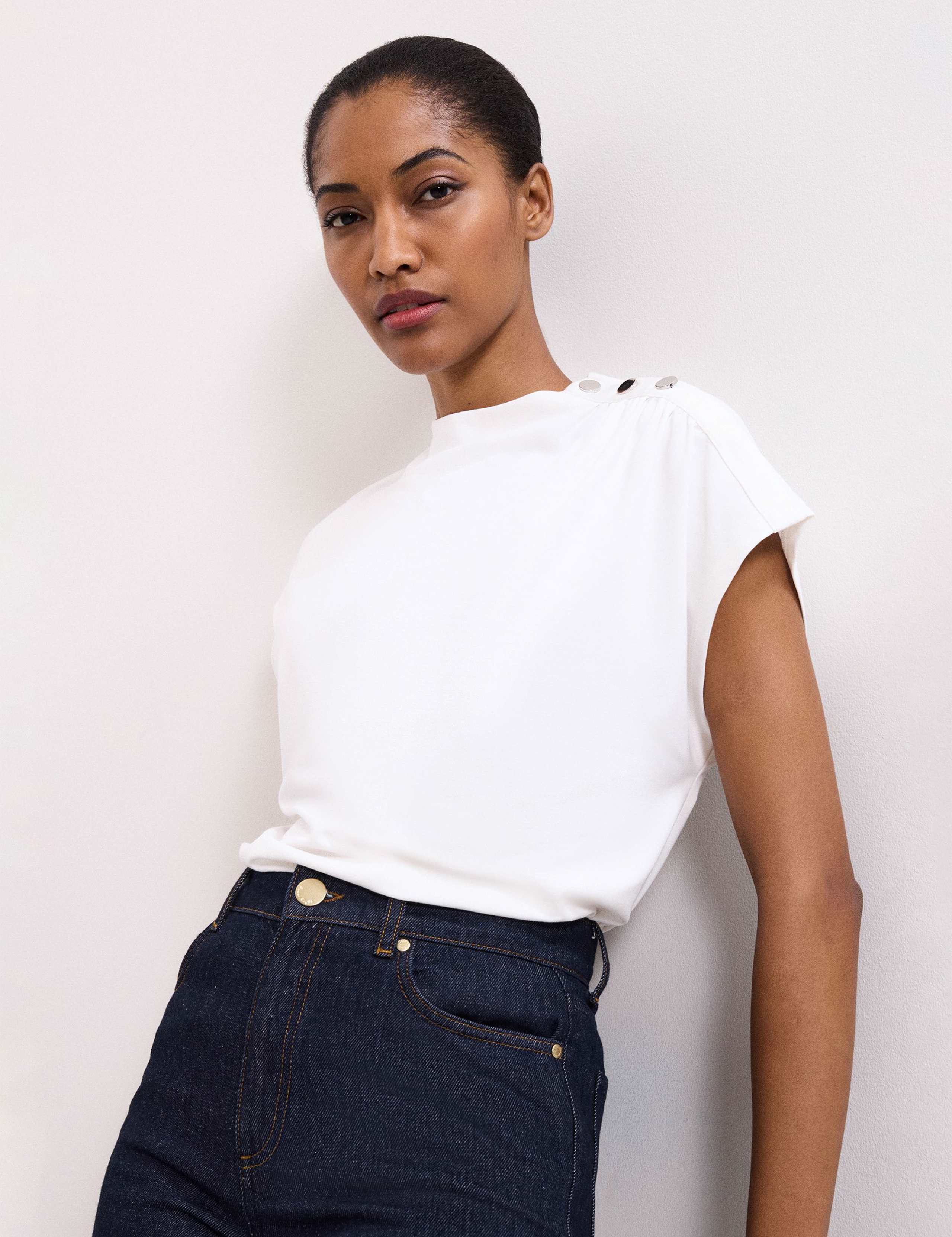 Crew Neck Button Detail Top