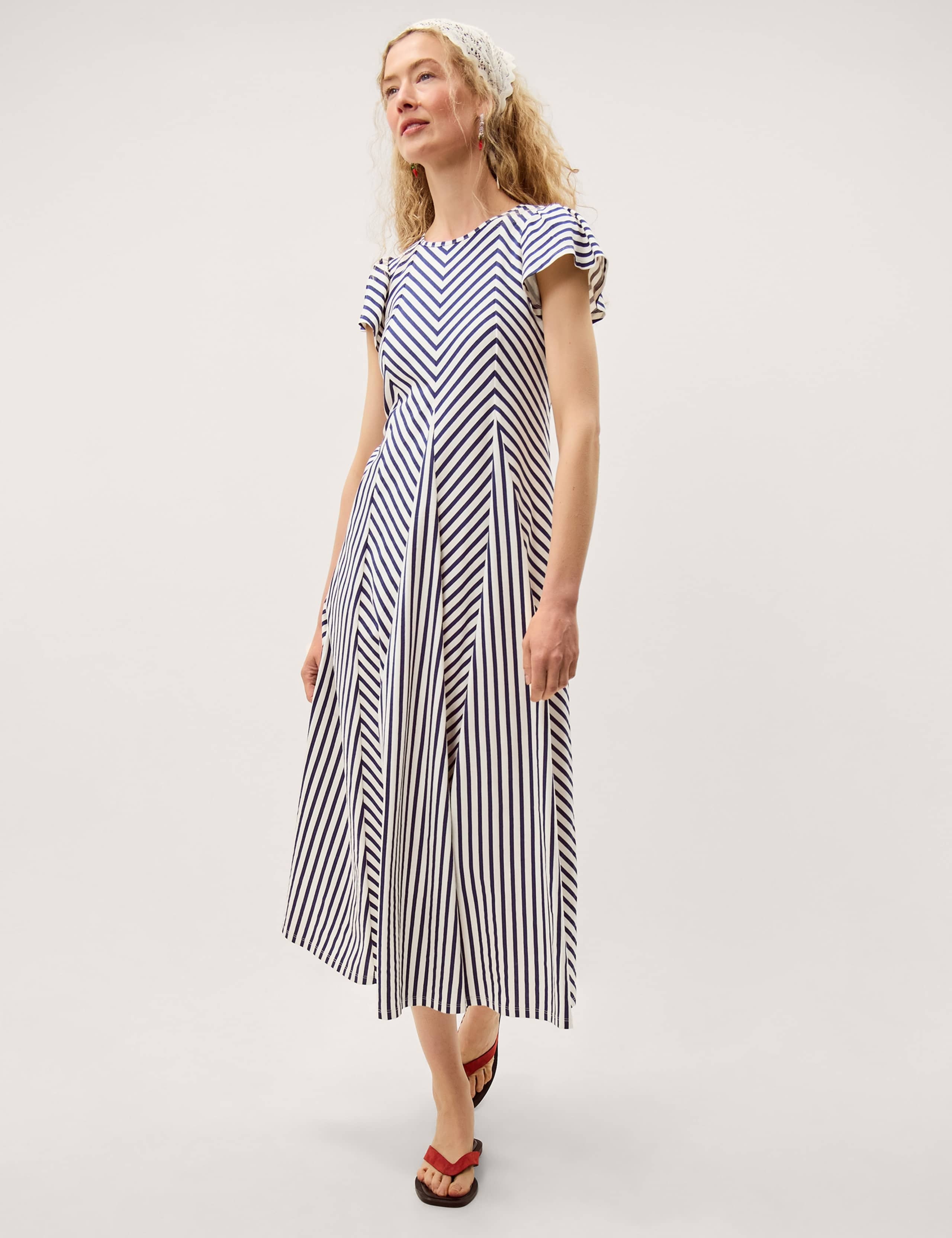 Pure Cotton Jersey Striped Midi Dress