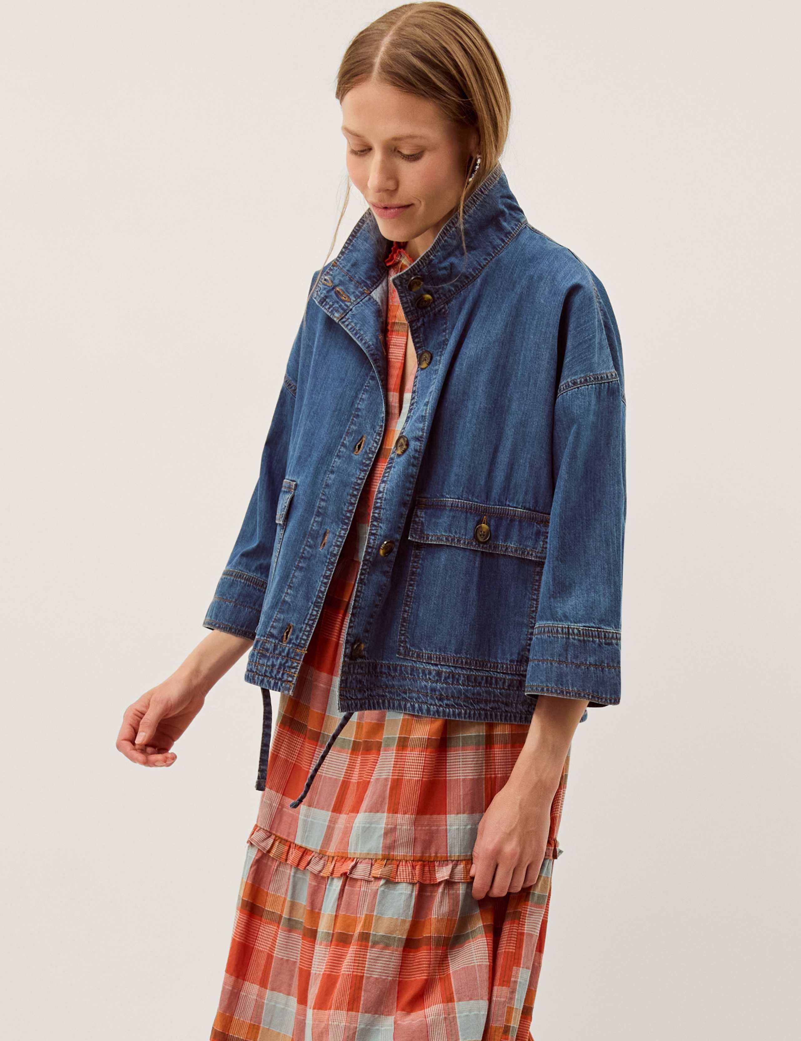 Pure Cotton Denim Funnel Neck Jacket