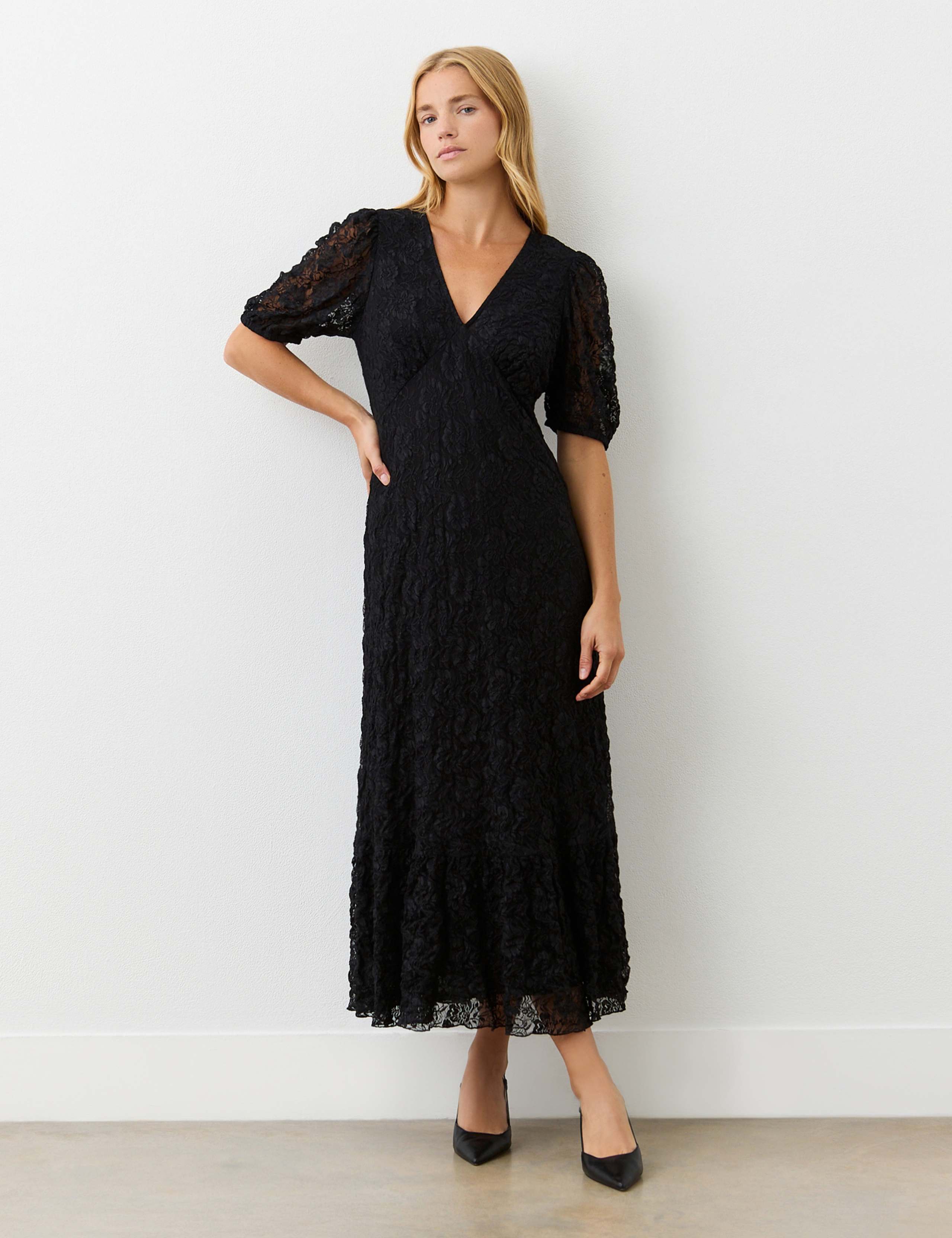 Lace V-Neck Midi Tiered Dress