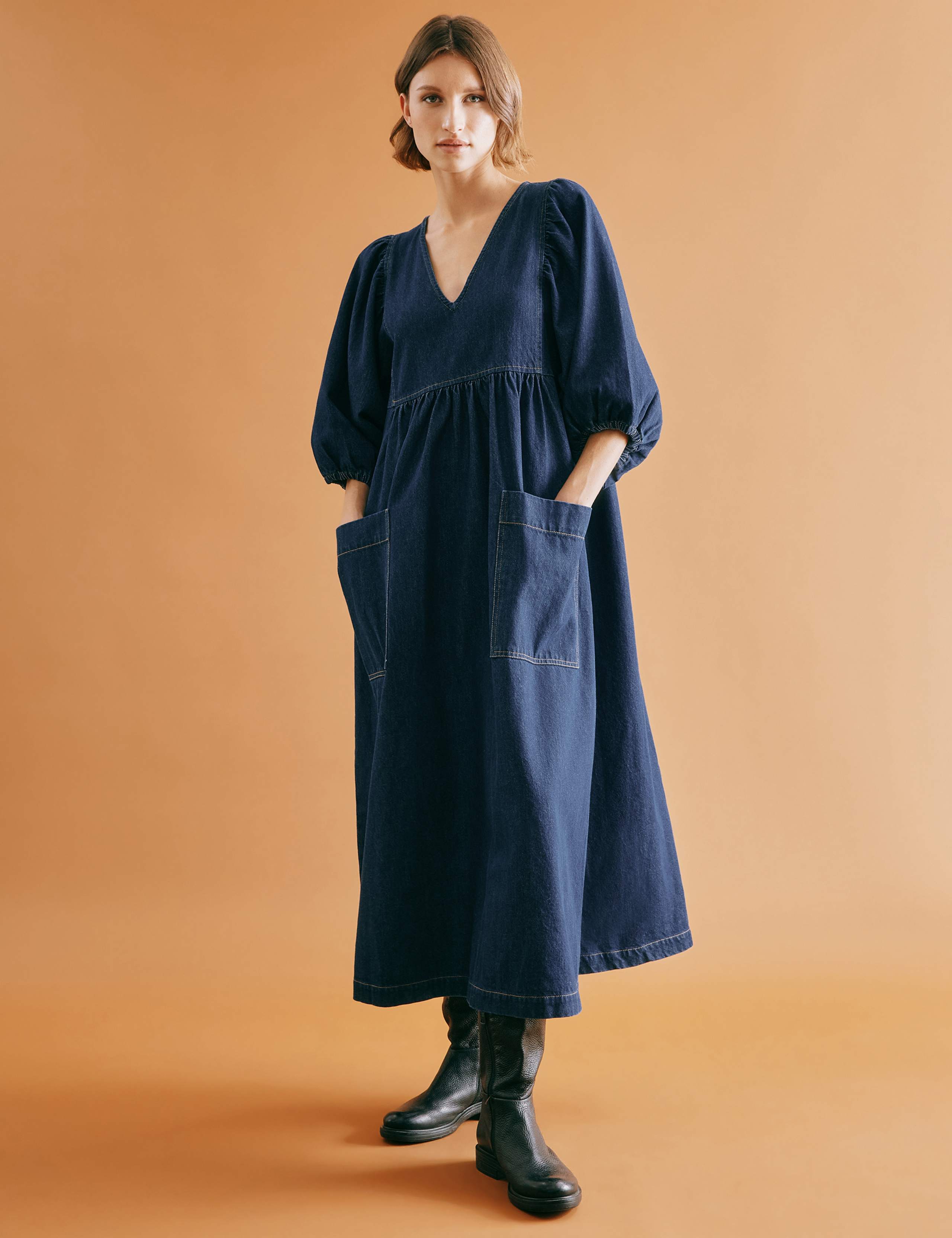 Denim V-Neck Midi Skater Dress