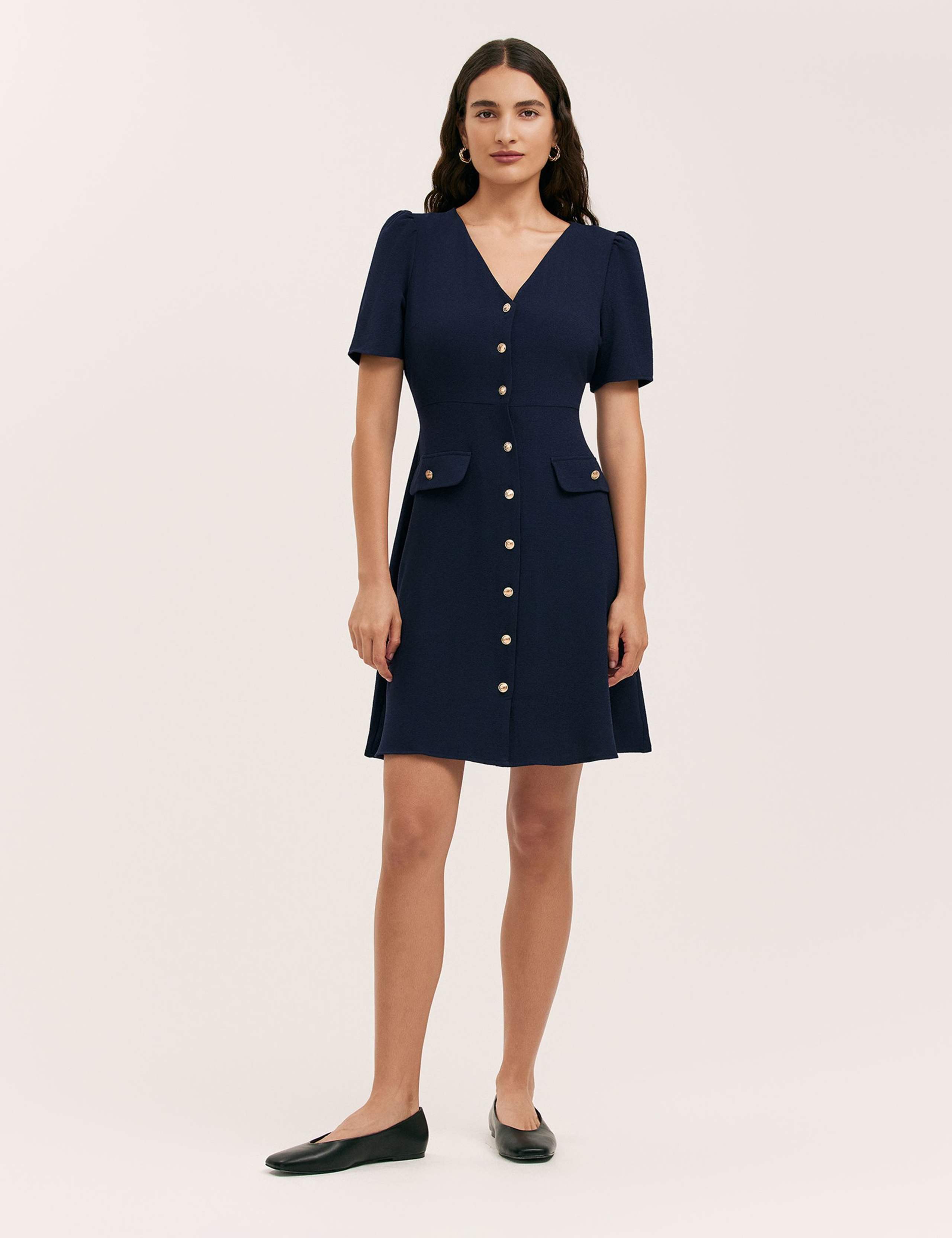 V-Neck Button Through Tailored Dress