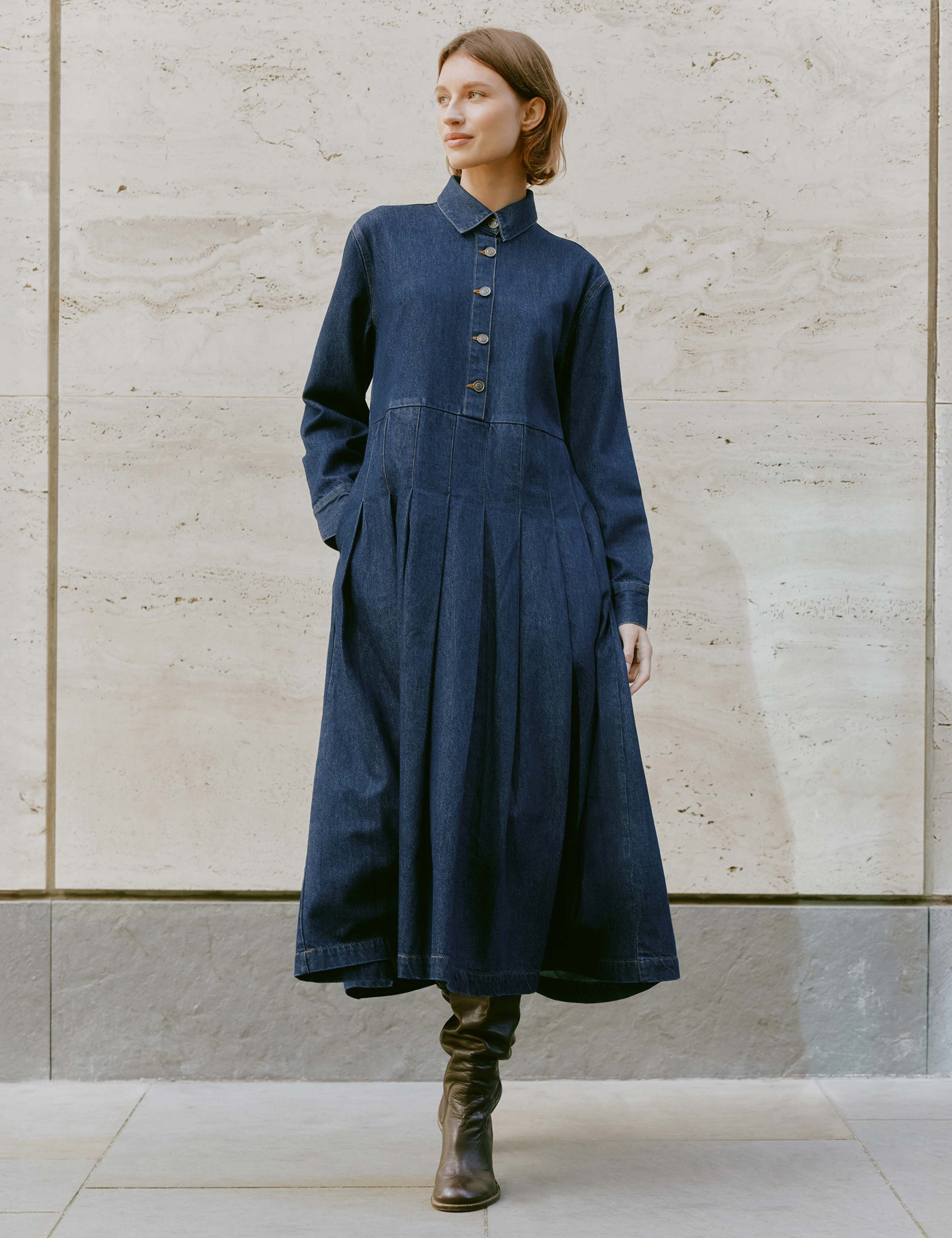 Denim Pleated Midi Shirt Dress