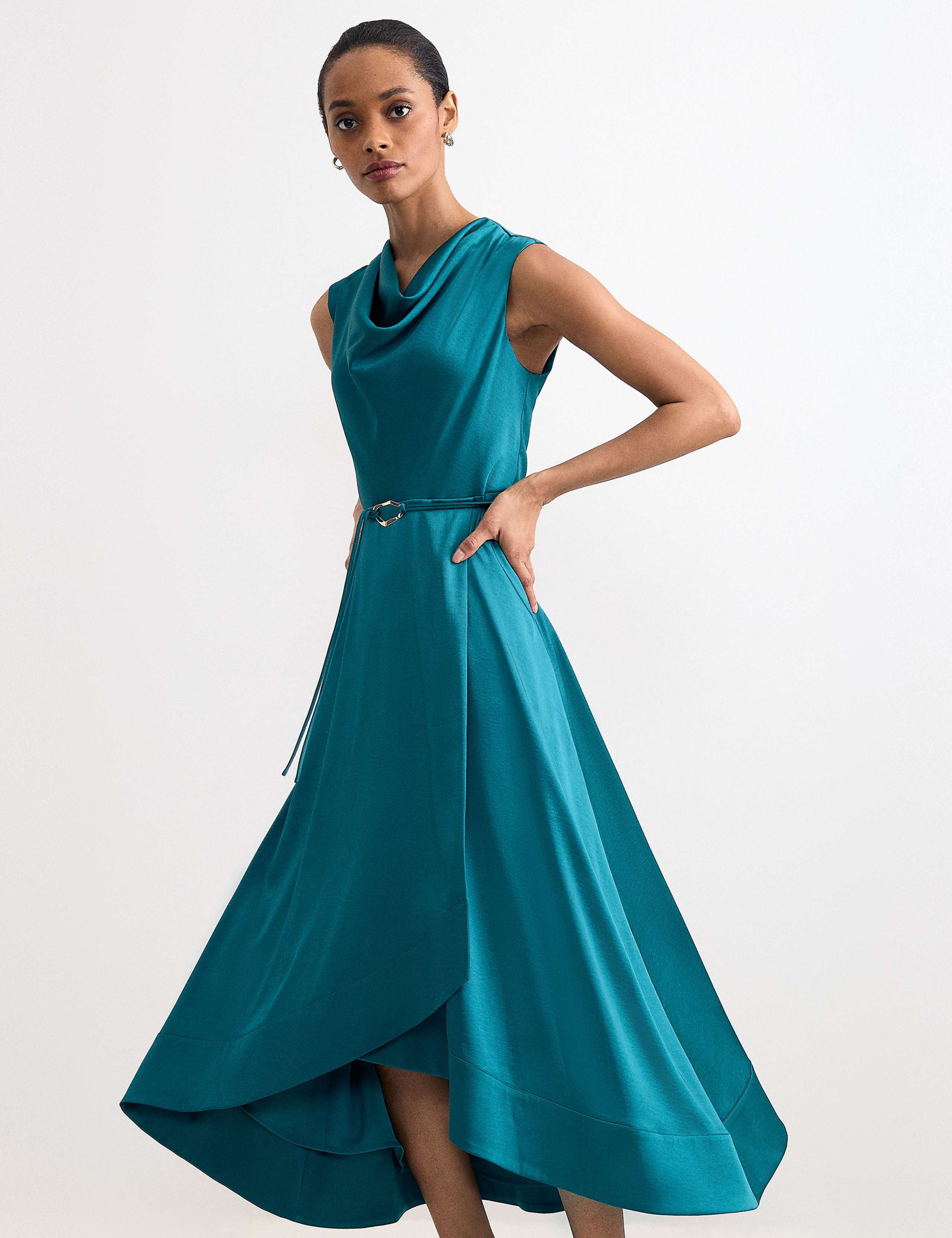 Cowl Neck Belted Midi Waisted Dress