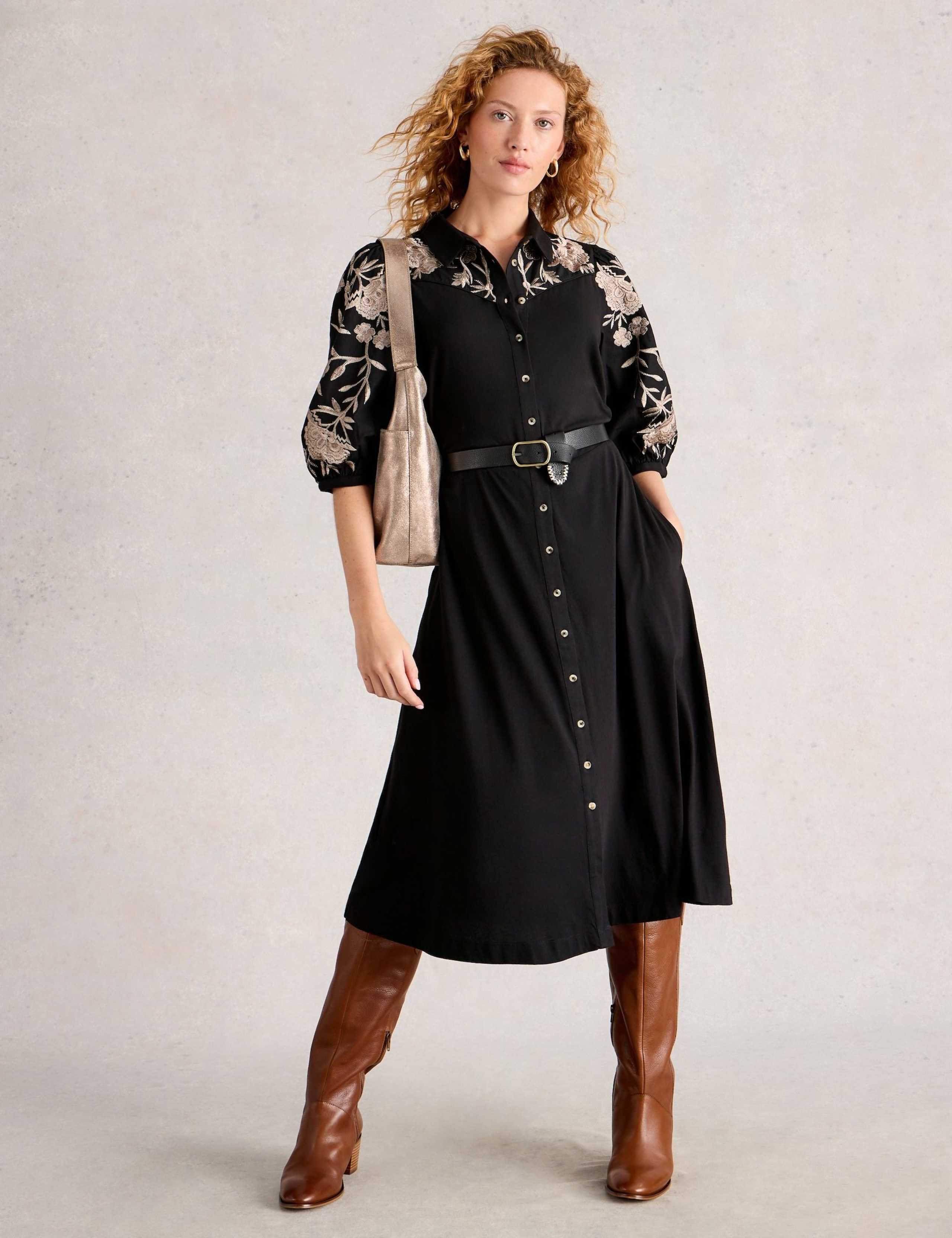 Cotton Rich Embroidered Midi Shirt Dress