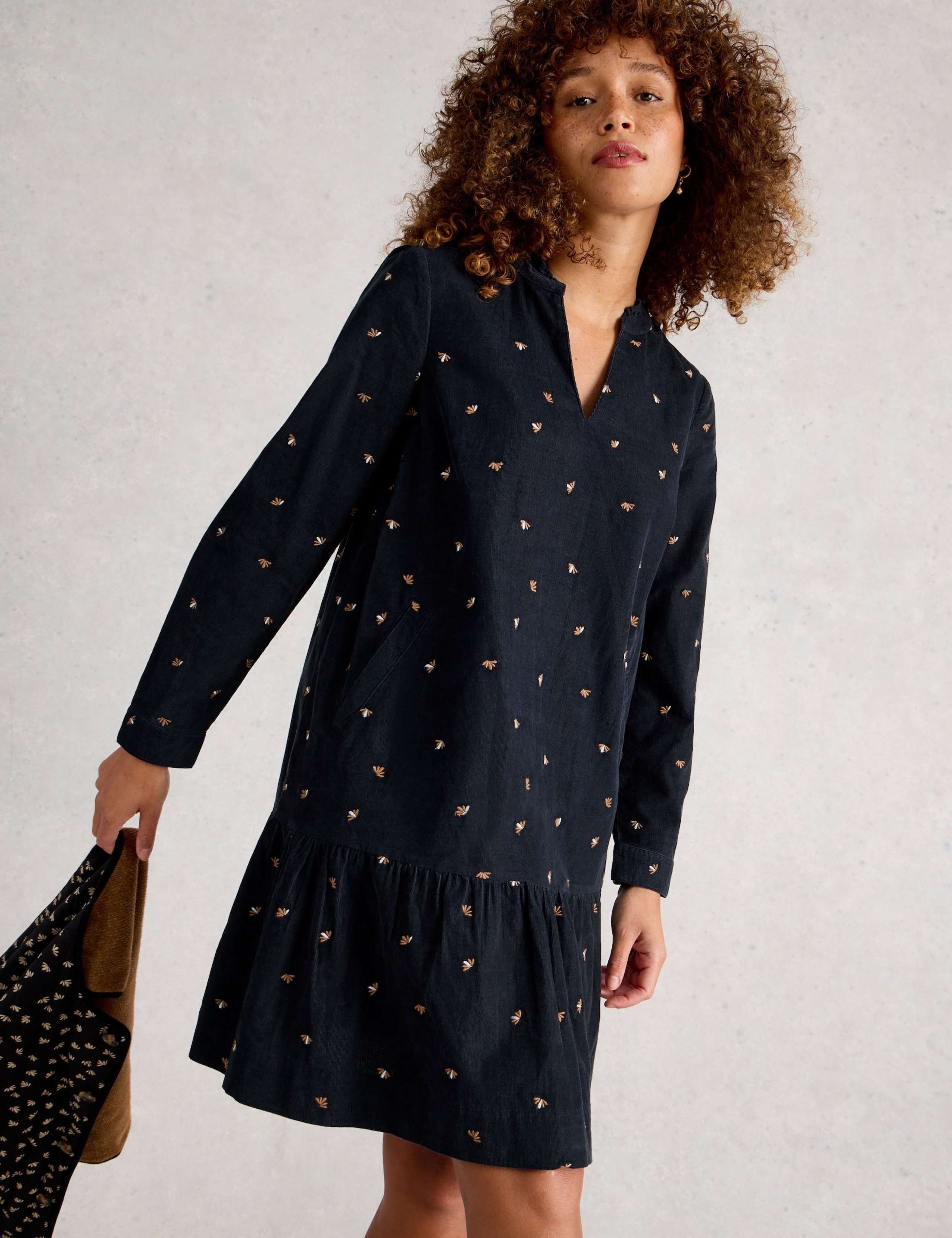 Cord Embroidered Knee Length Smock Dress