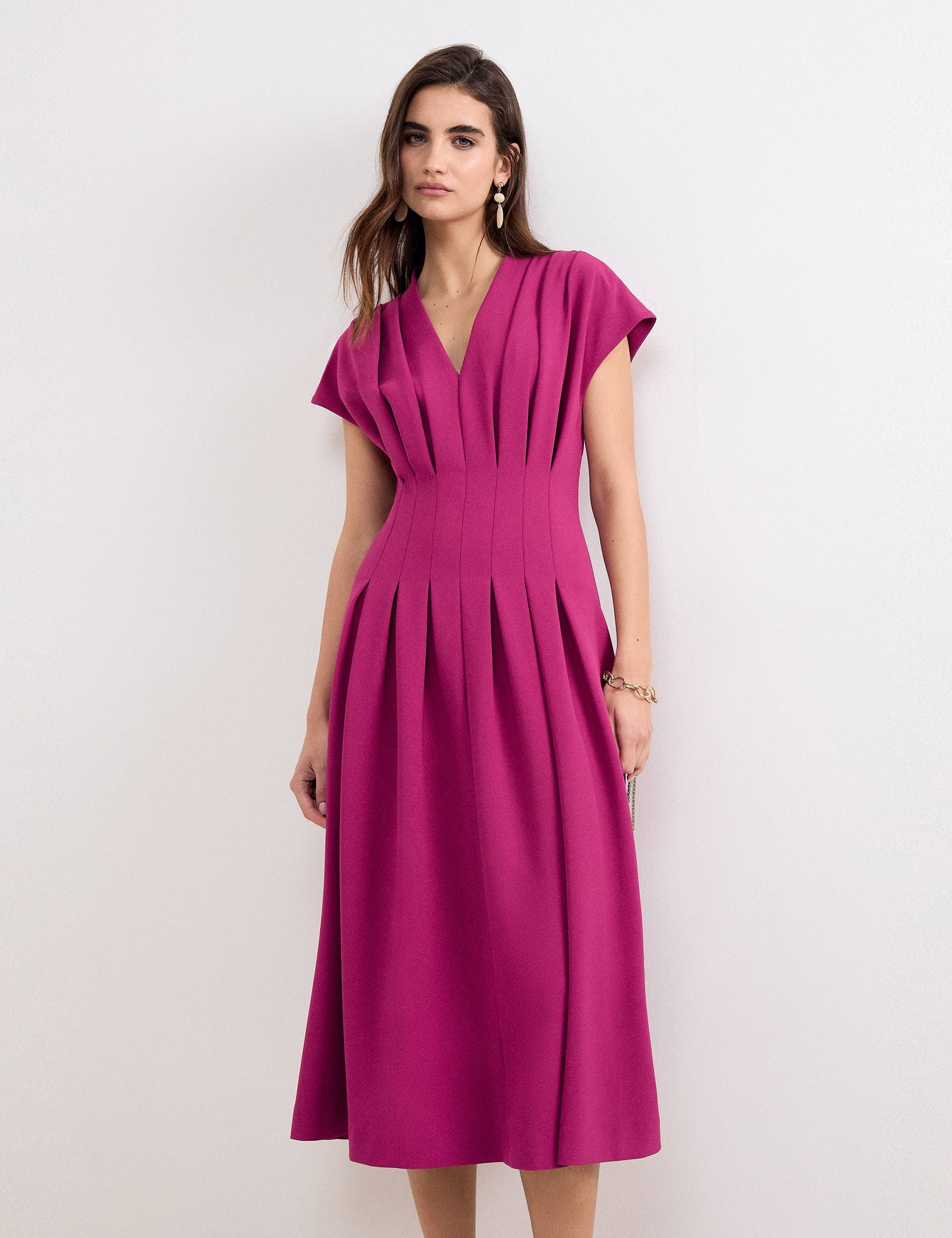 V-Neck Pleated Midi Skater Dress