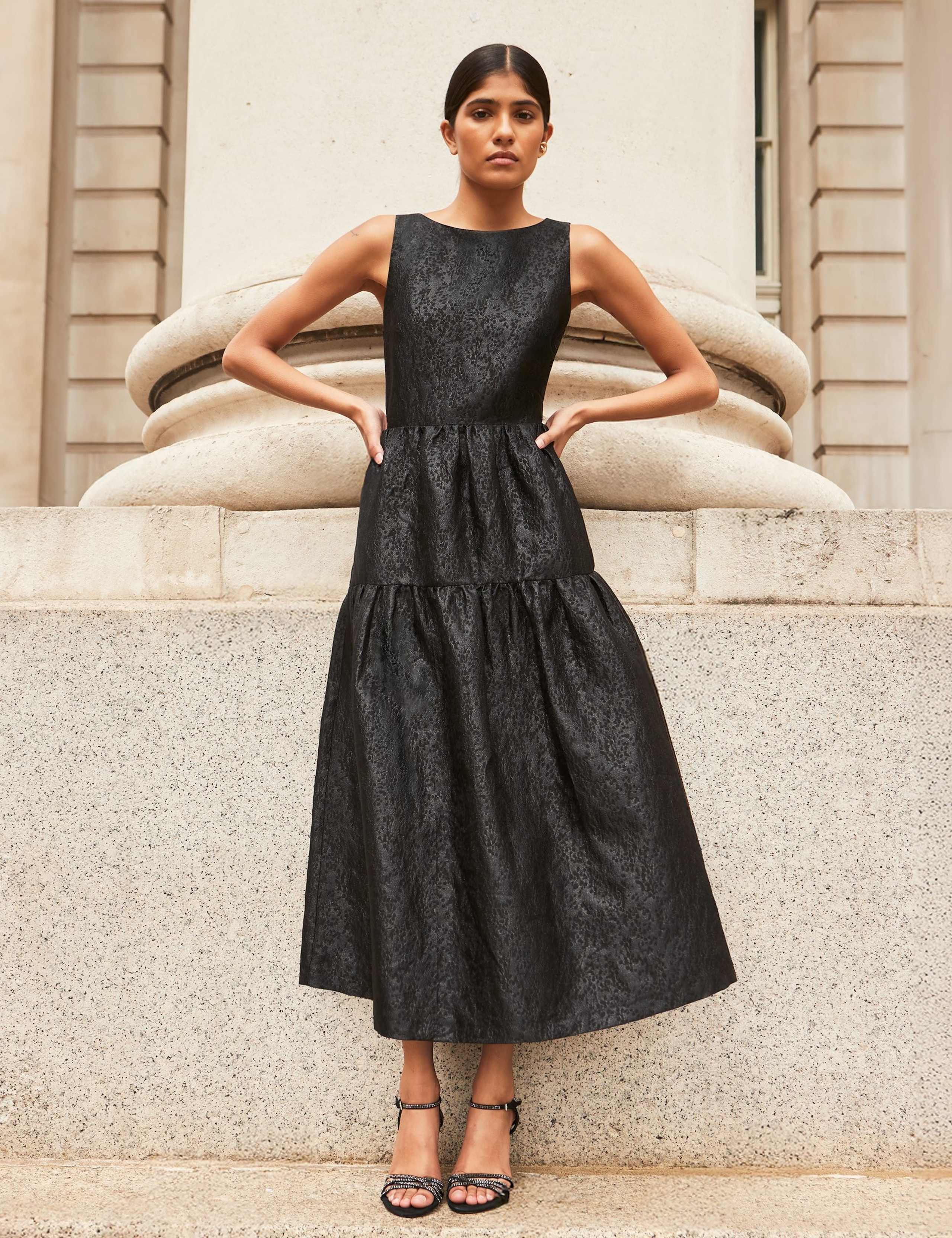 Jacquard Slash Neck Midi Tiered Dress