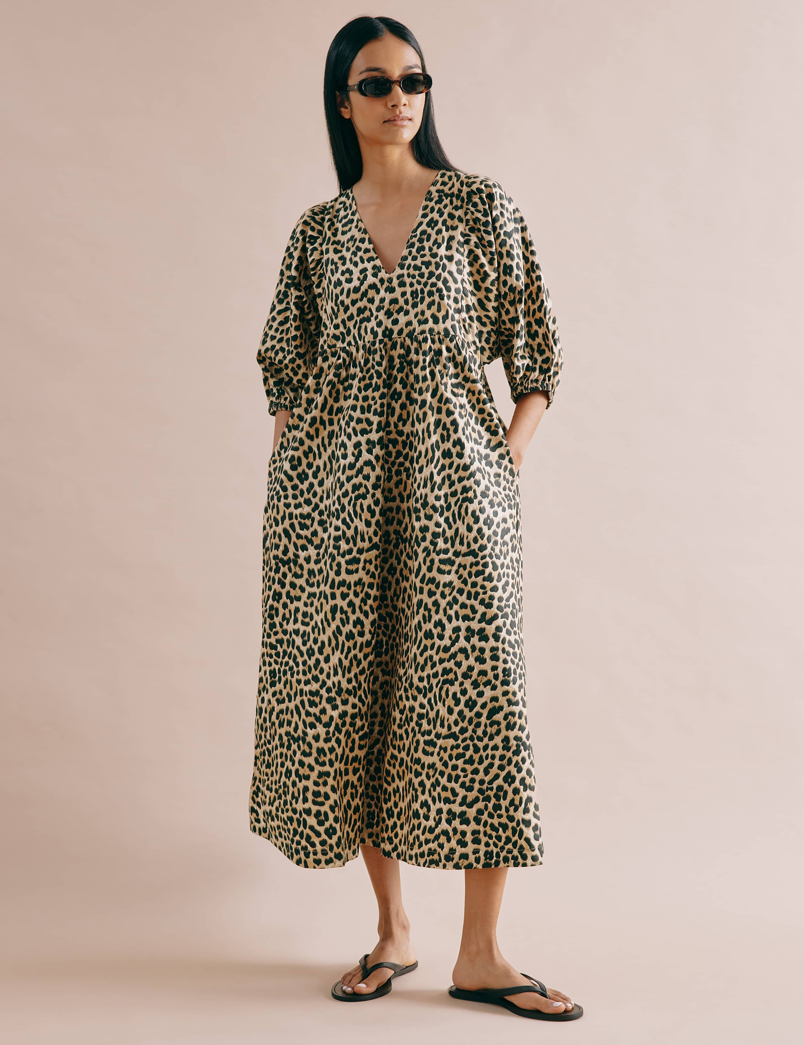 Pure Cotton Animal Print V-Neck Midi Skater Dress