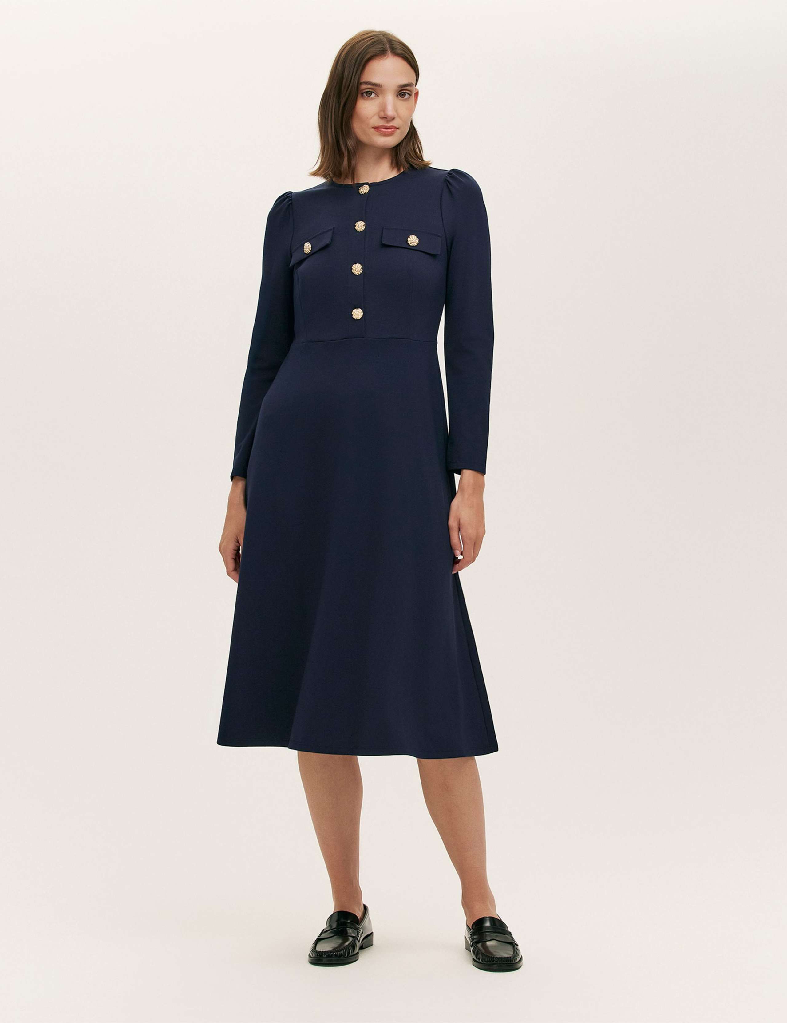 Ponte Jersey Button Front Midi Dress