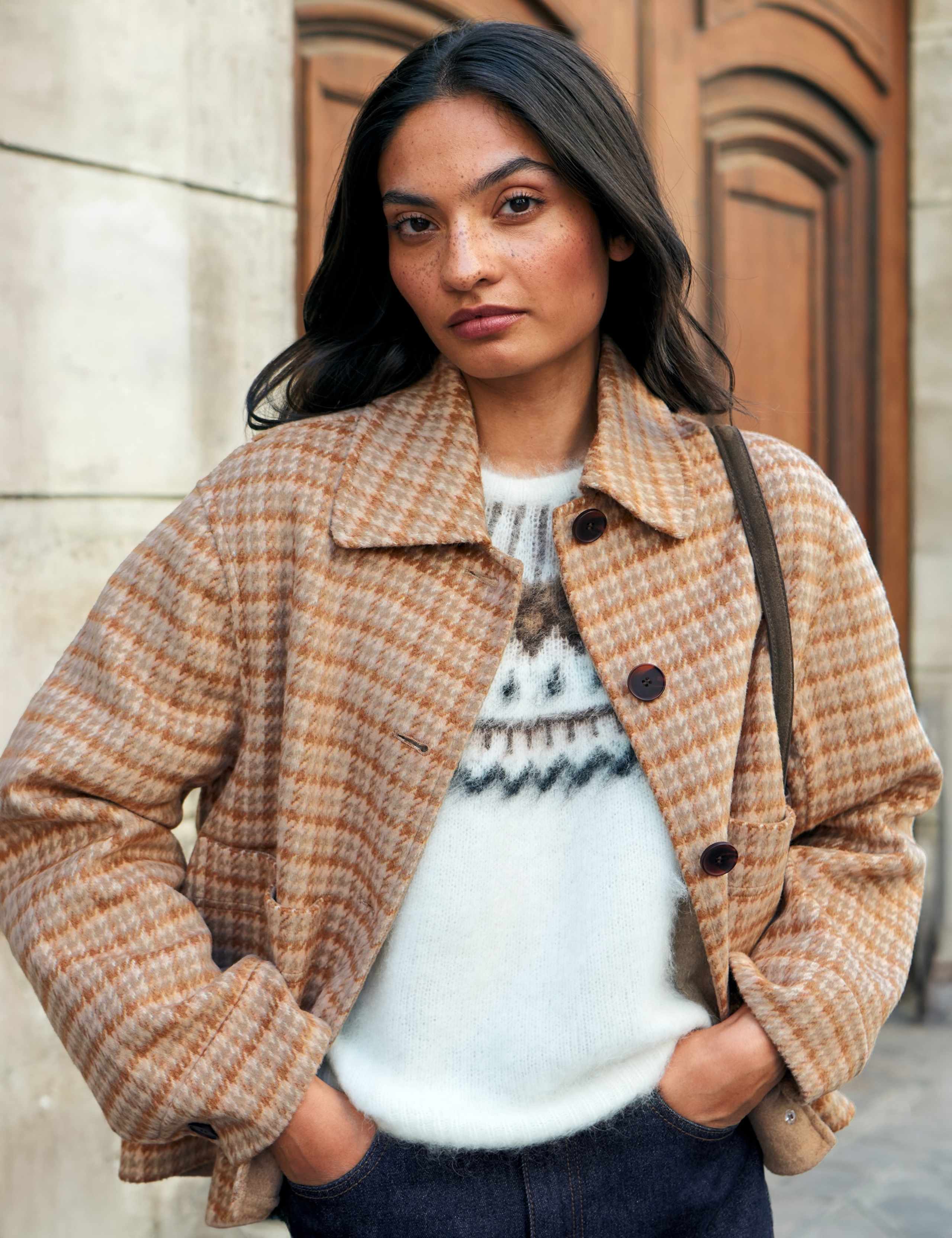 Double Faced Wool Blend Checked Cropped Jacket