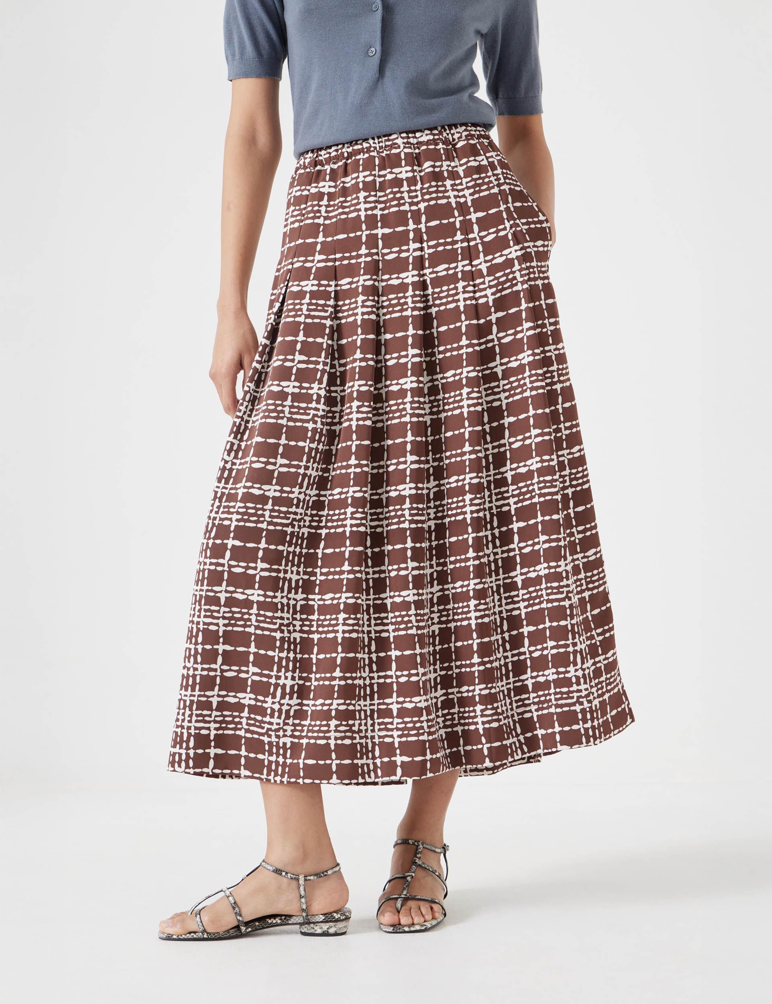 Satin Checked Pleated Midi Skirt