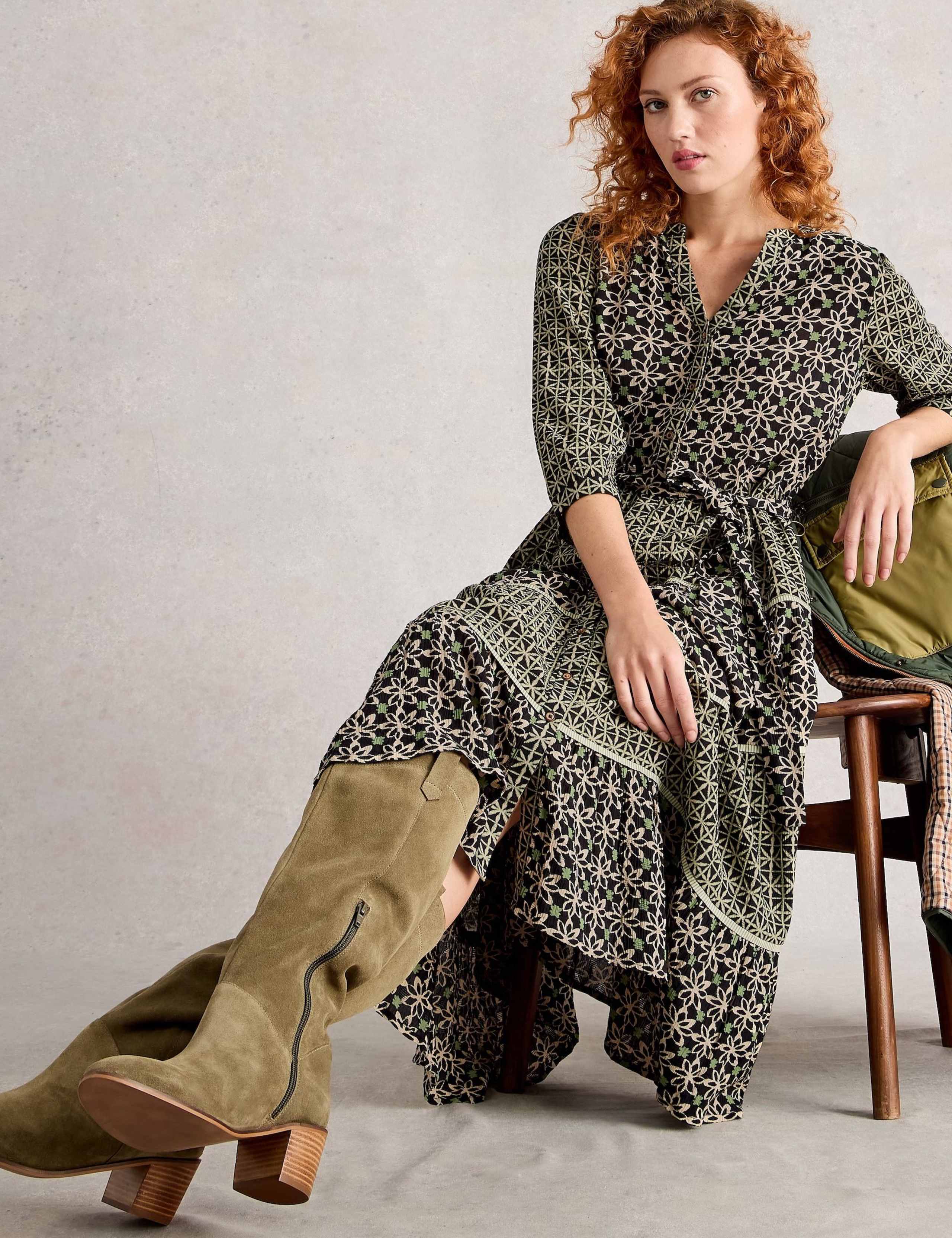 Printed Belted Midi Tiered Shirt Dress