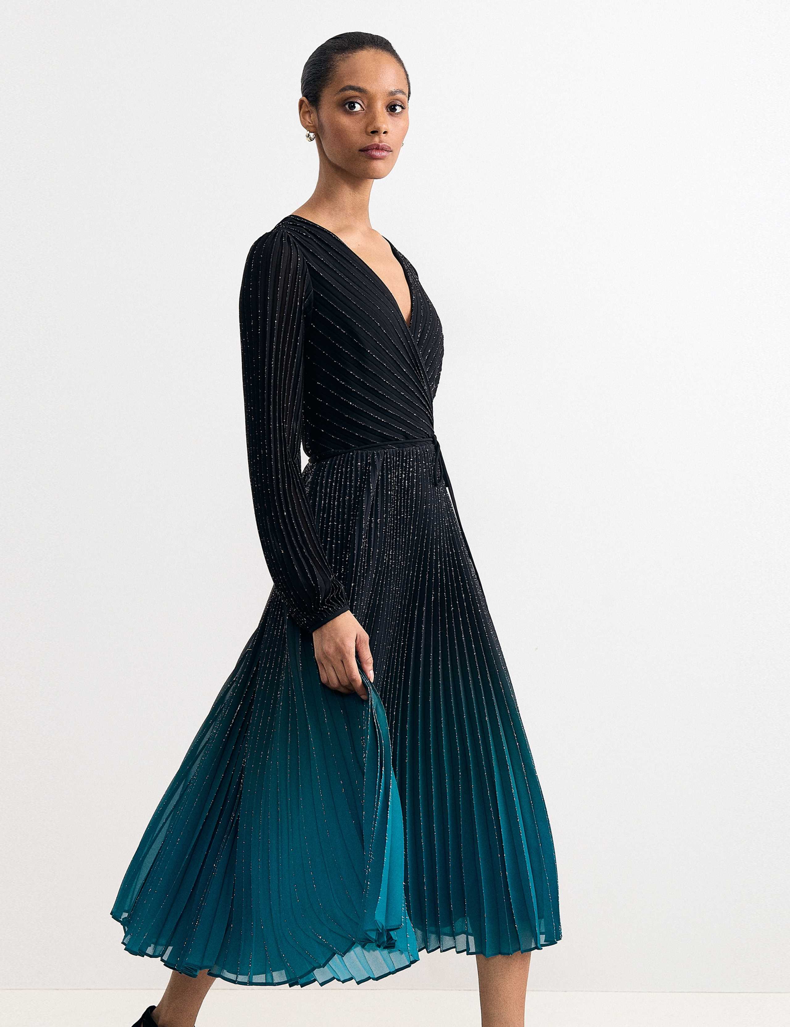 Plisse V-Neck Midi Waisted Dress
