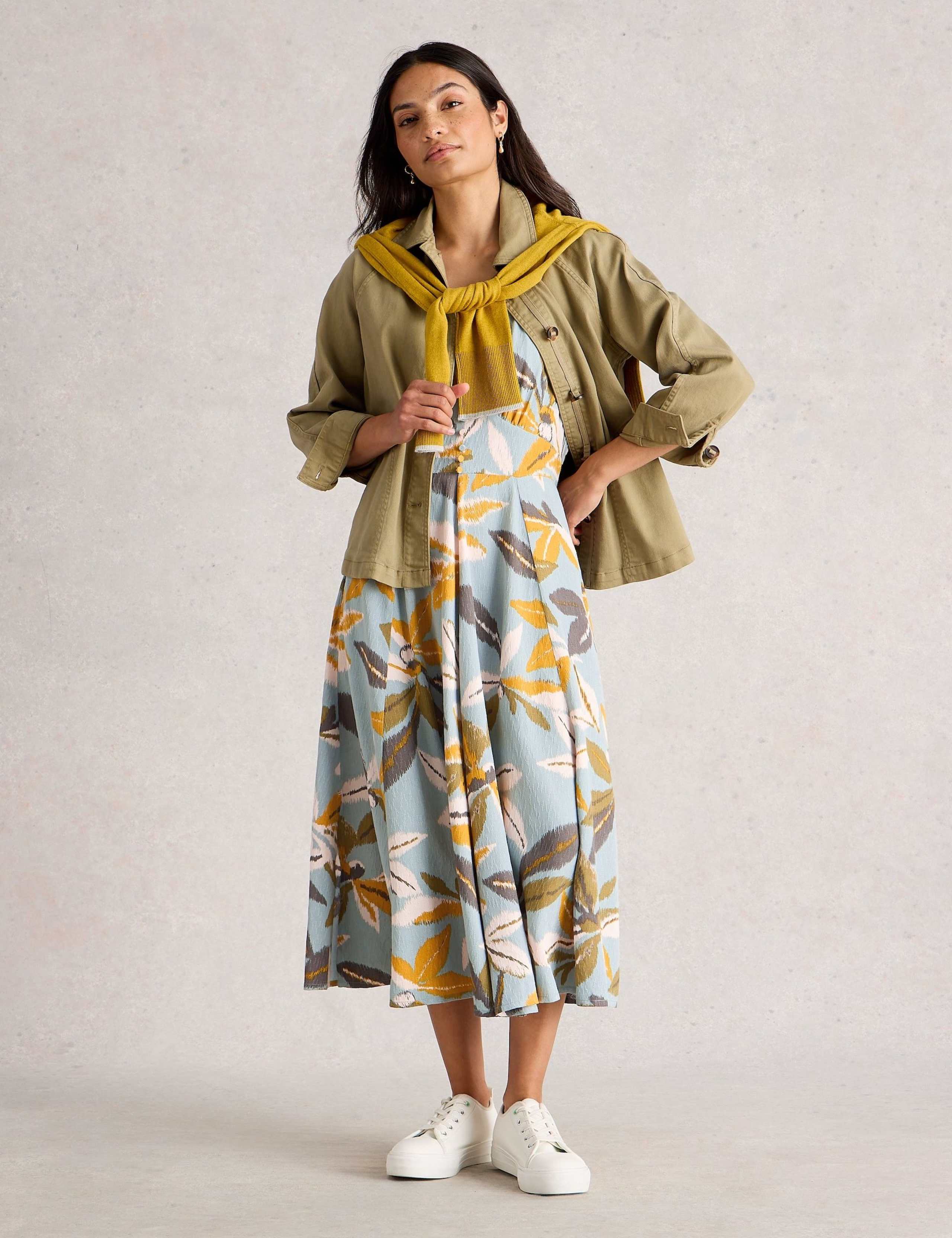 Printed Button Front Midi Waisted Dress