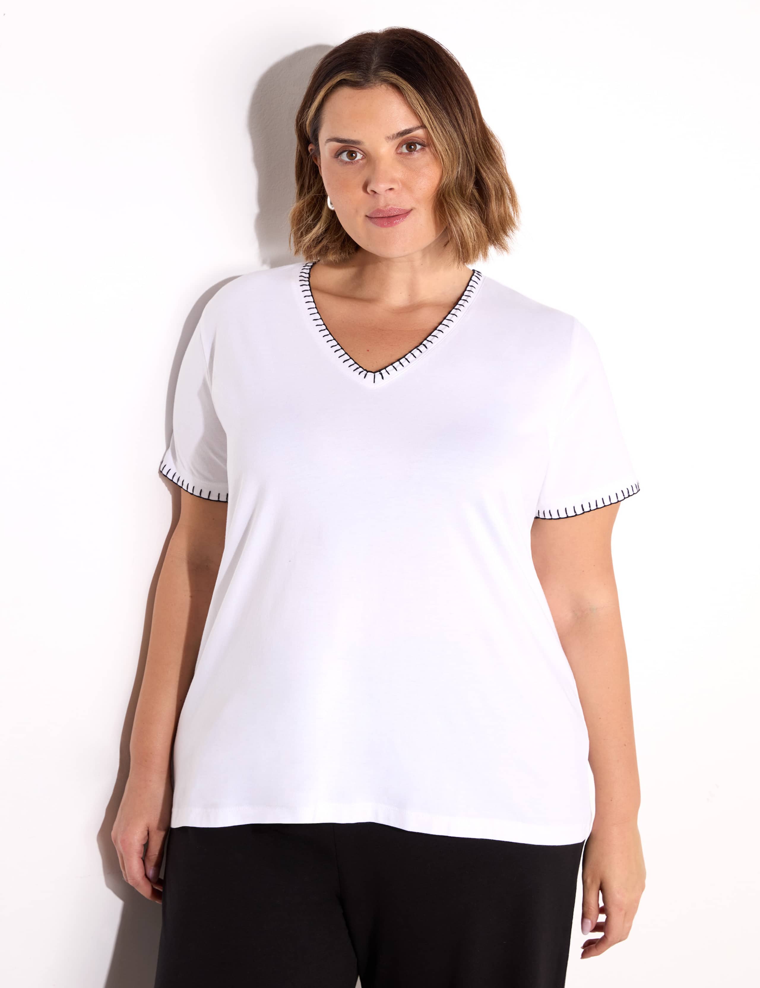 Cotton Rich V-Neck Stitch Detail T-Shirt