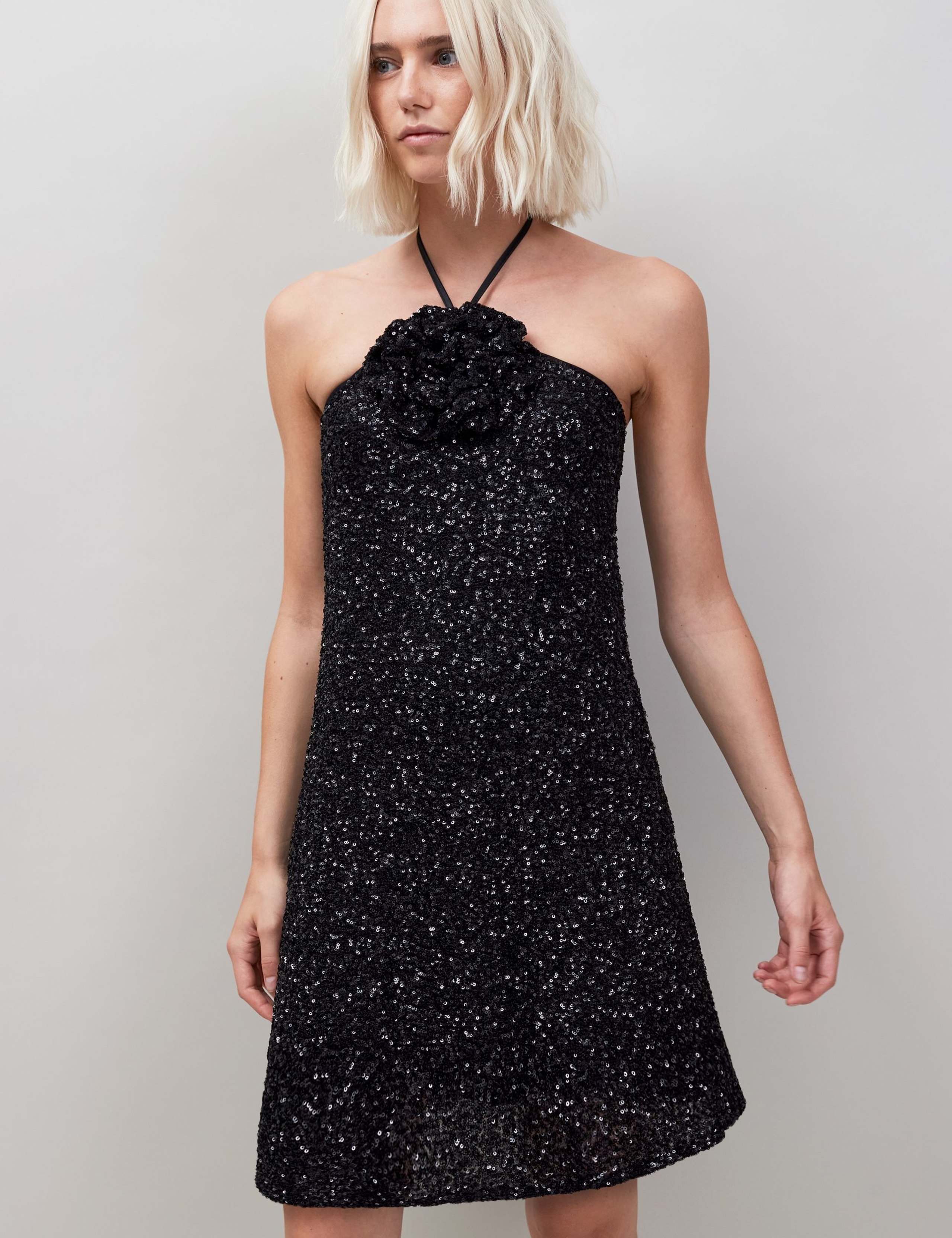 Sequin Halter Neck Mini Swing Dress