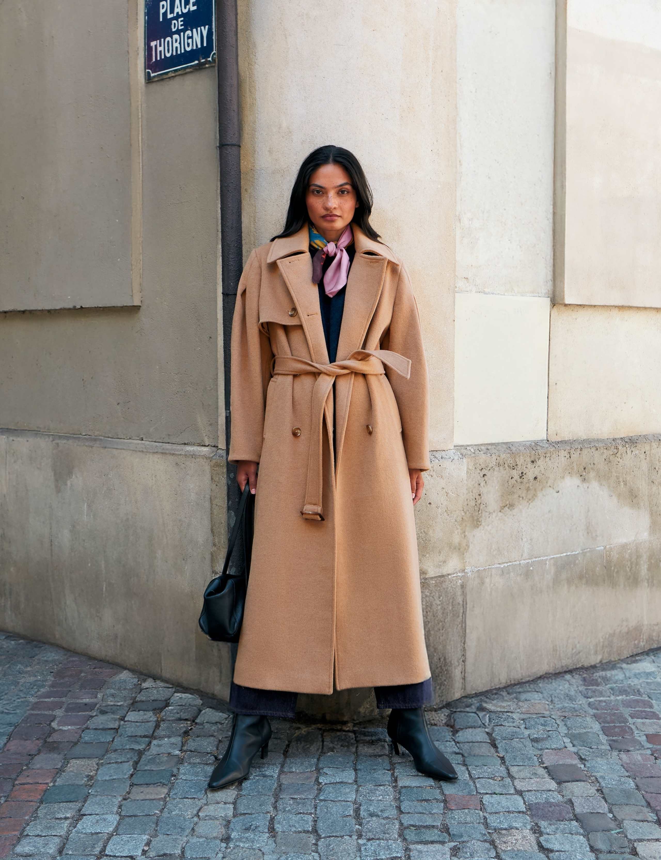 Wool Blend Belted Longline Trench Coat