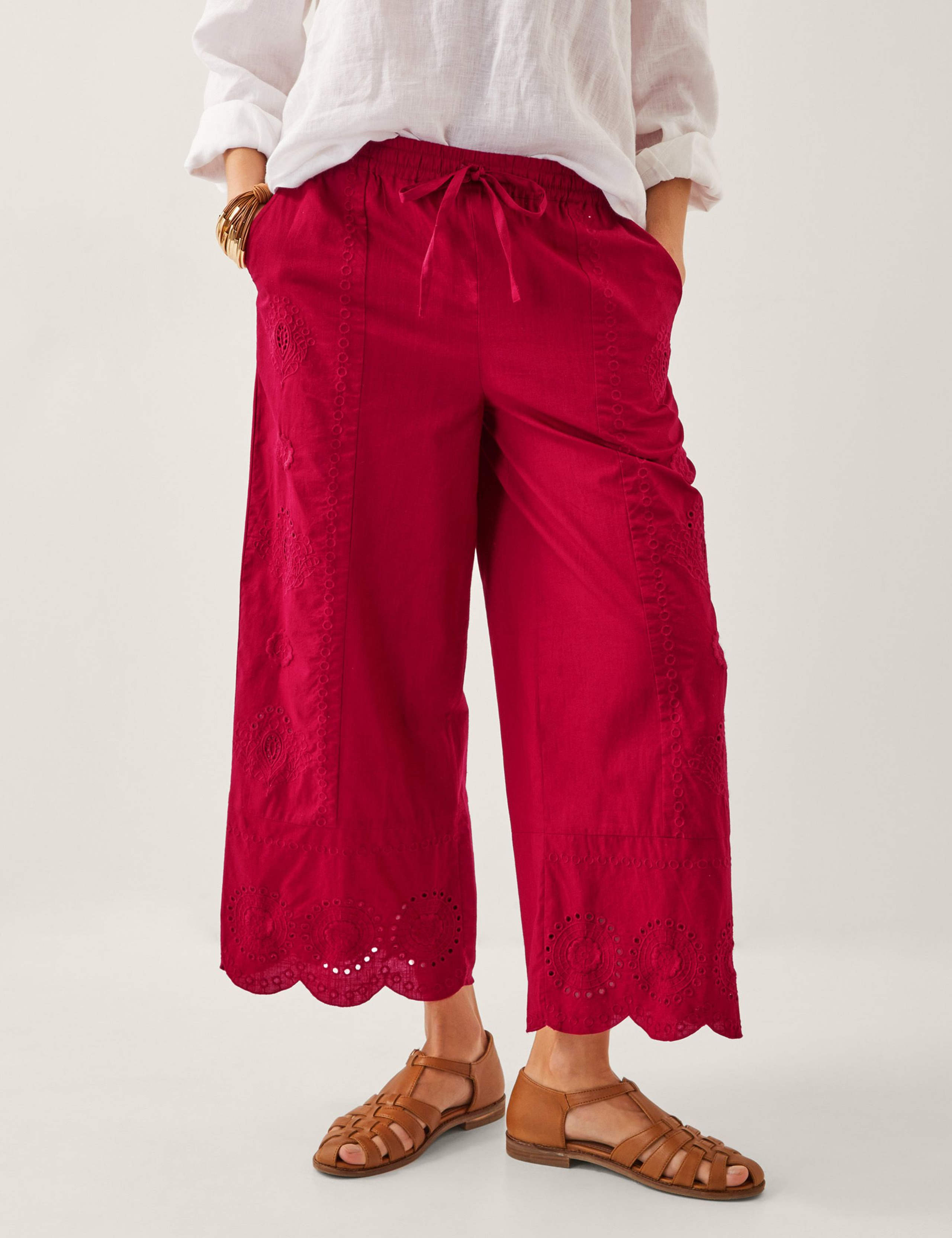 Pure Cotton Embroidered Wide Leg Trousers